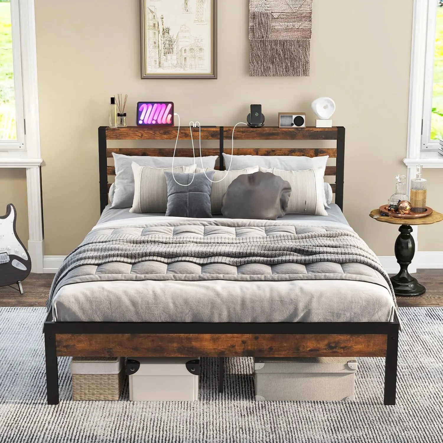 Giantex Queen Metal Platform Bed Frame with Wooden Headboard & Footboard, Rustic Brown