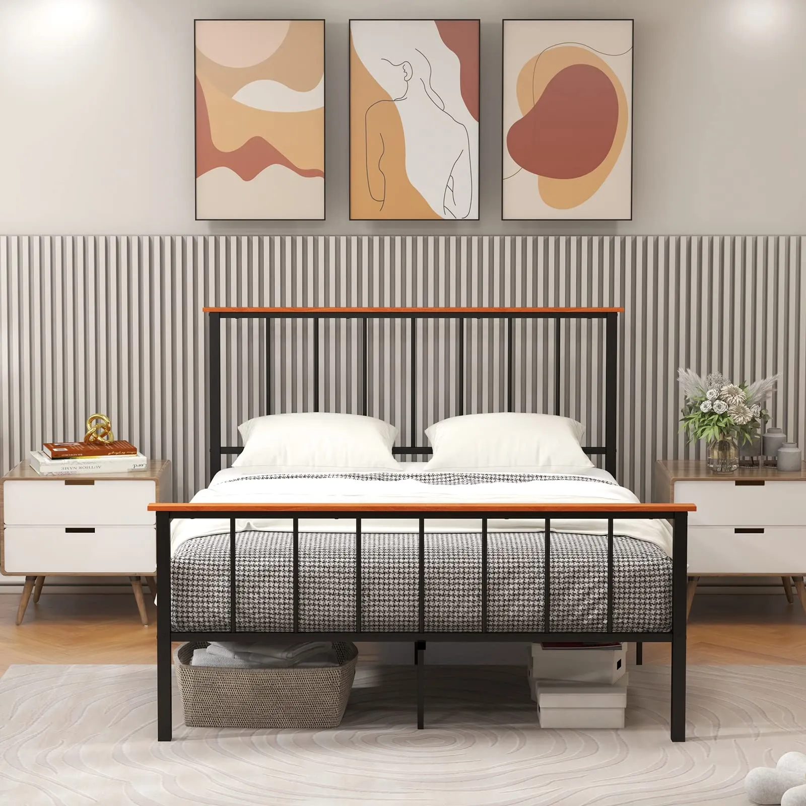 Giantex Queen/Full Size Metal Platform Bed Frame with Spindle Headboard & Footboard, Black bed frame, queen bed