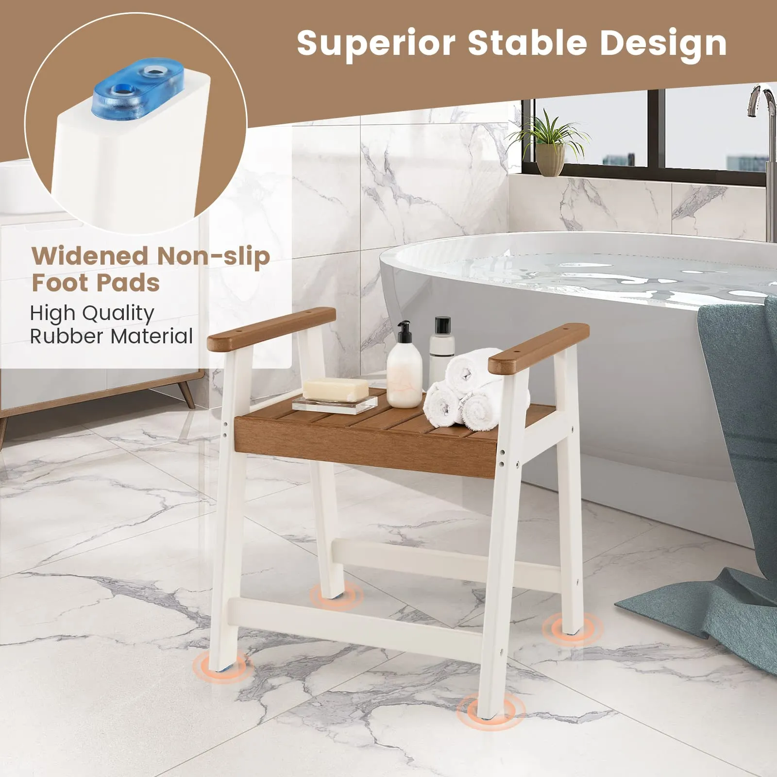 Giantex Shower Bench with Arms, Waterproof HDPE Shower Stool for Bathroom, Heavy Duty Sturdy Bath Seat for Seniors Elderly