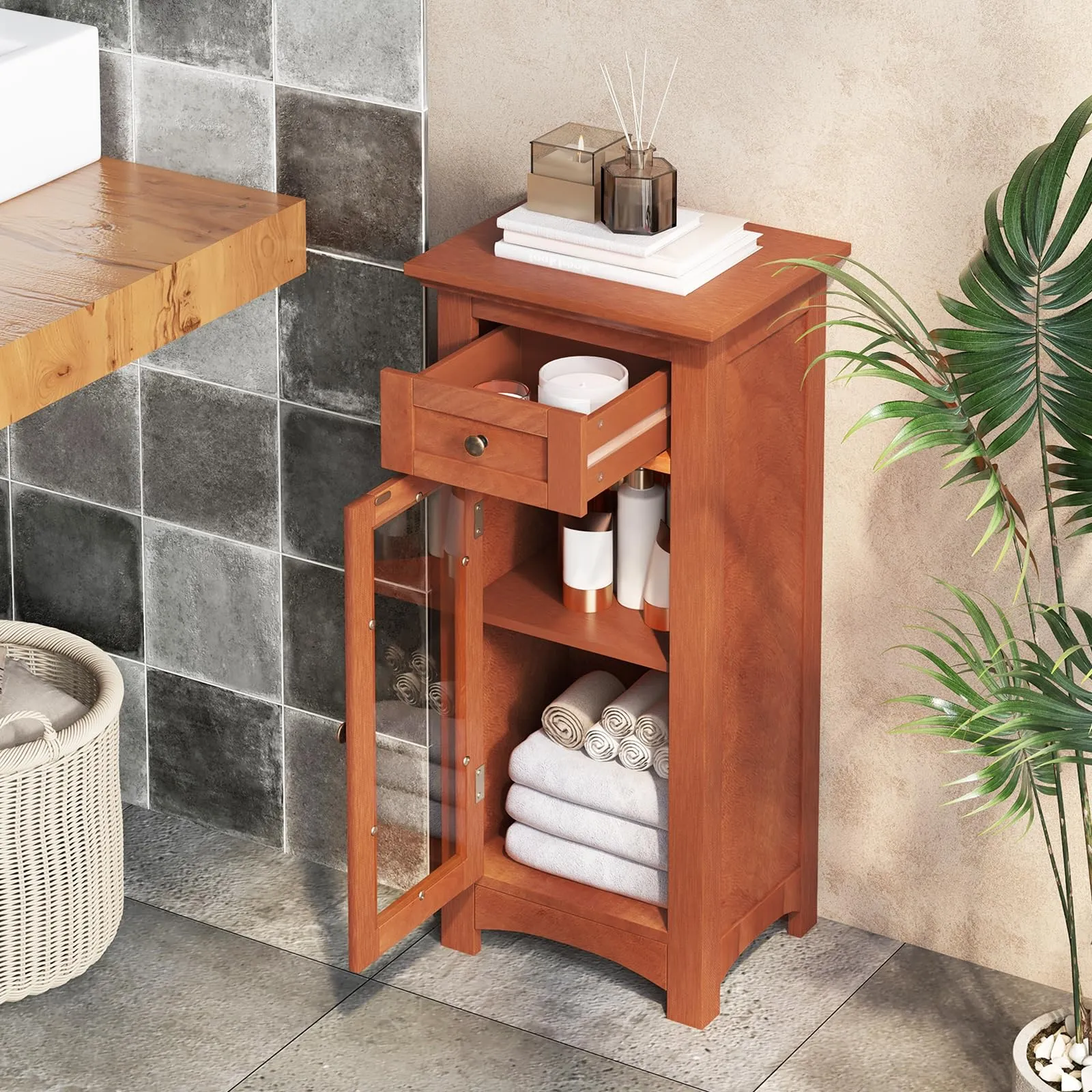 Giantex Small Bathroom Storage Cabinet, Freestanding Narrow Bathroom Cabinet with Single Glass Door, Drawer