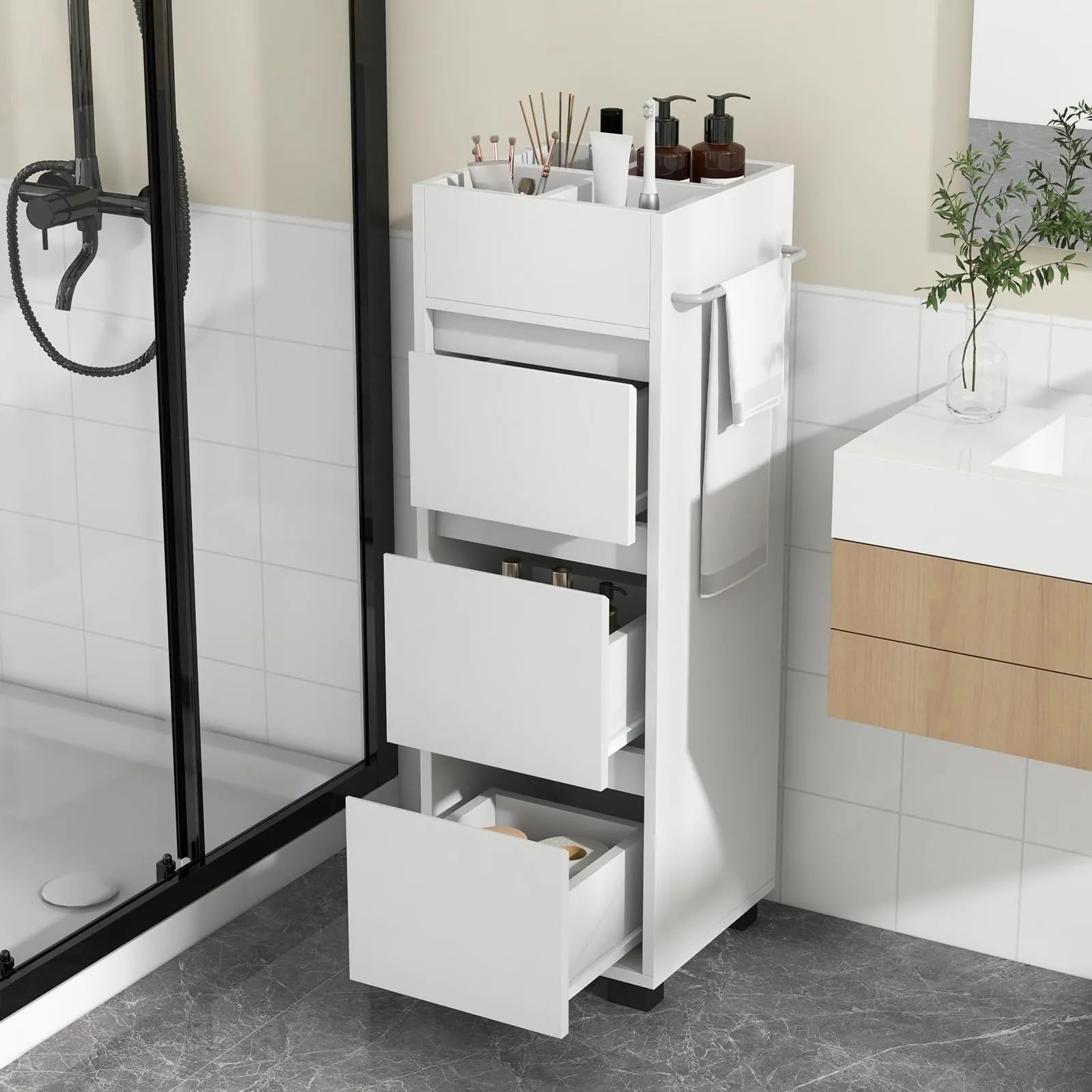 Giantex Small Bathroom Storage Cabinet - Narrow Space-saving Bathroom Cabinet with 3 Drawers