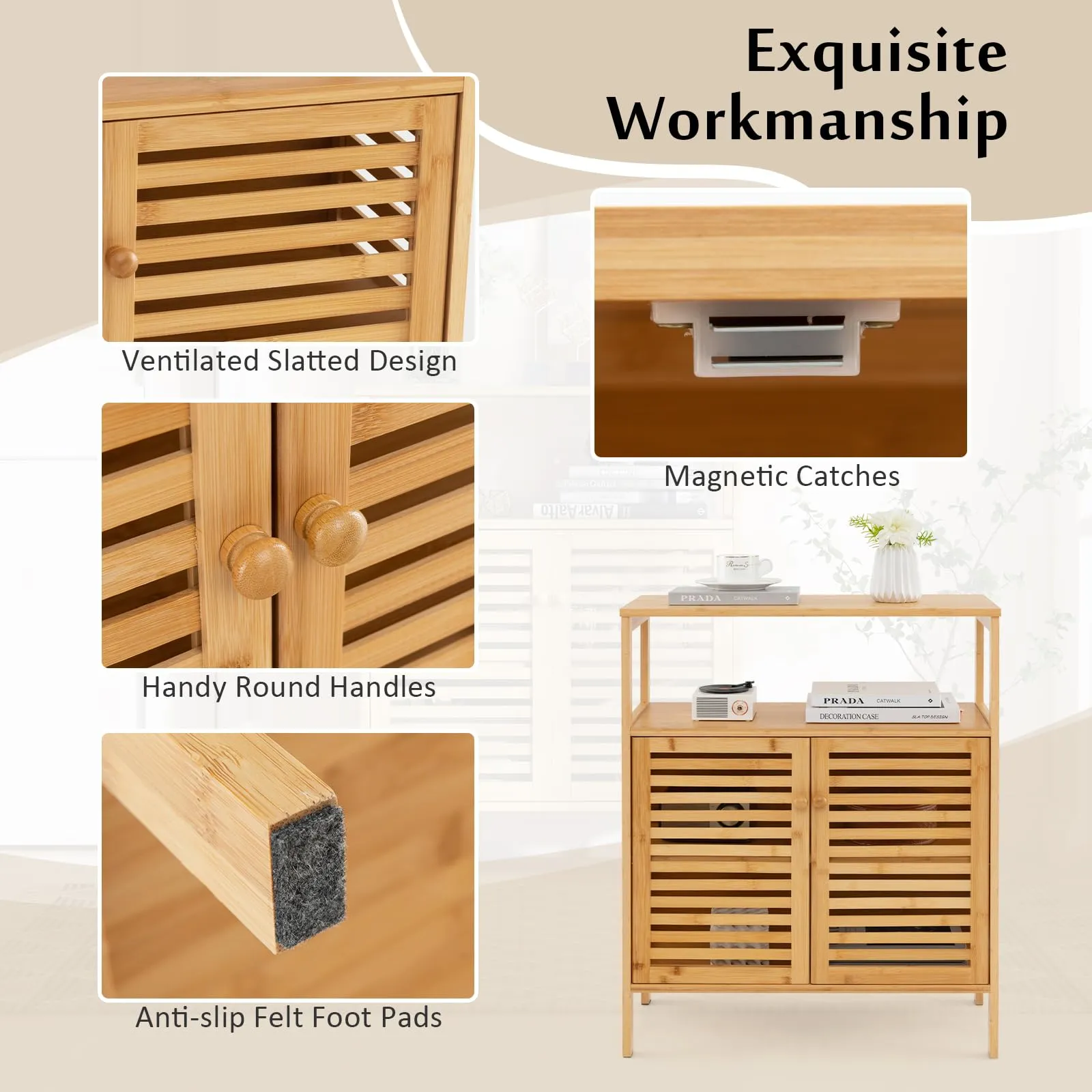 Giantex Storage Cabinet, Bamboo Bathroom Floor Cabinet with Double Louvered Doors