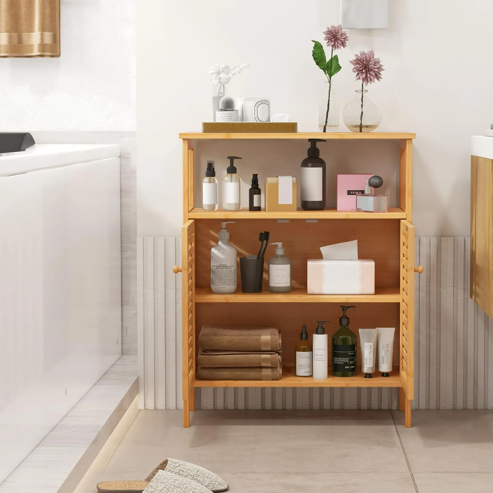 Giantex Storage Cabinet, Bamboo Bathroom Floor Cabinet with Double Louvered Doors
