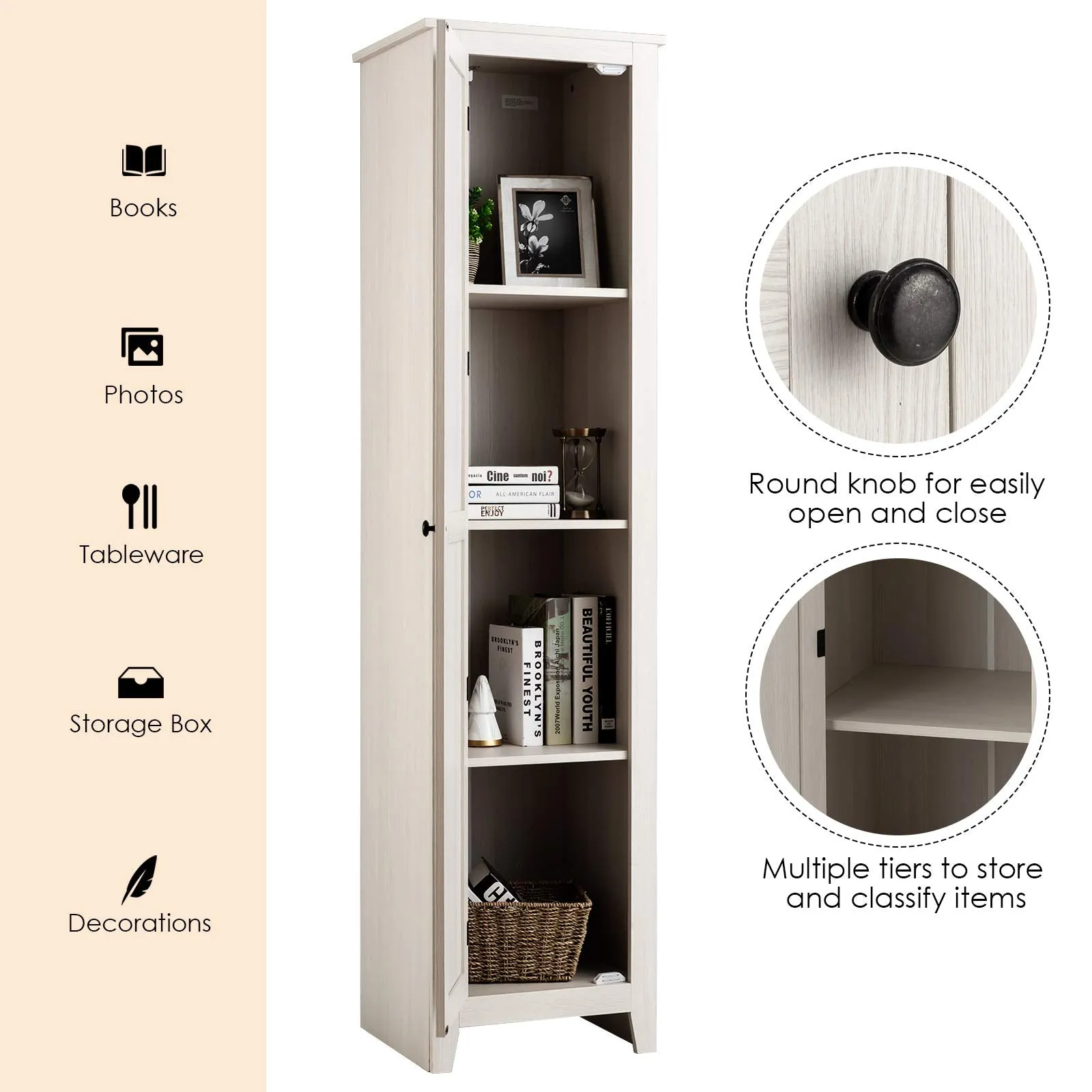 Giantex Tall Storage Cabinet Freestanding Floor Storage Tower with Four Shelves and Single Door