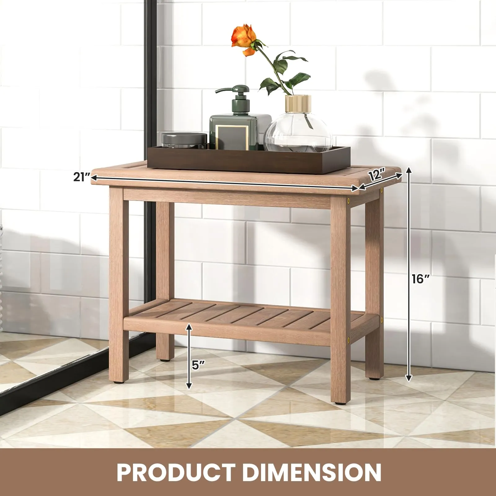 Giantex Teak Shower Bench, 21" Waterproof Spa Bath Seat with Storage Shelf and Non-Slip Foot Pads