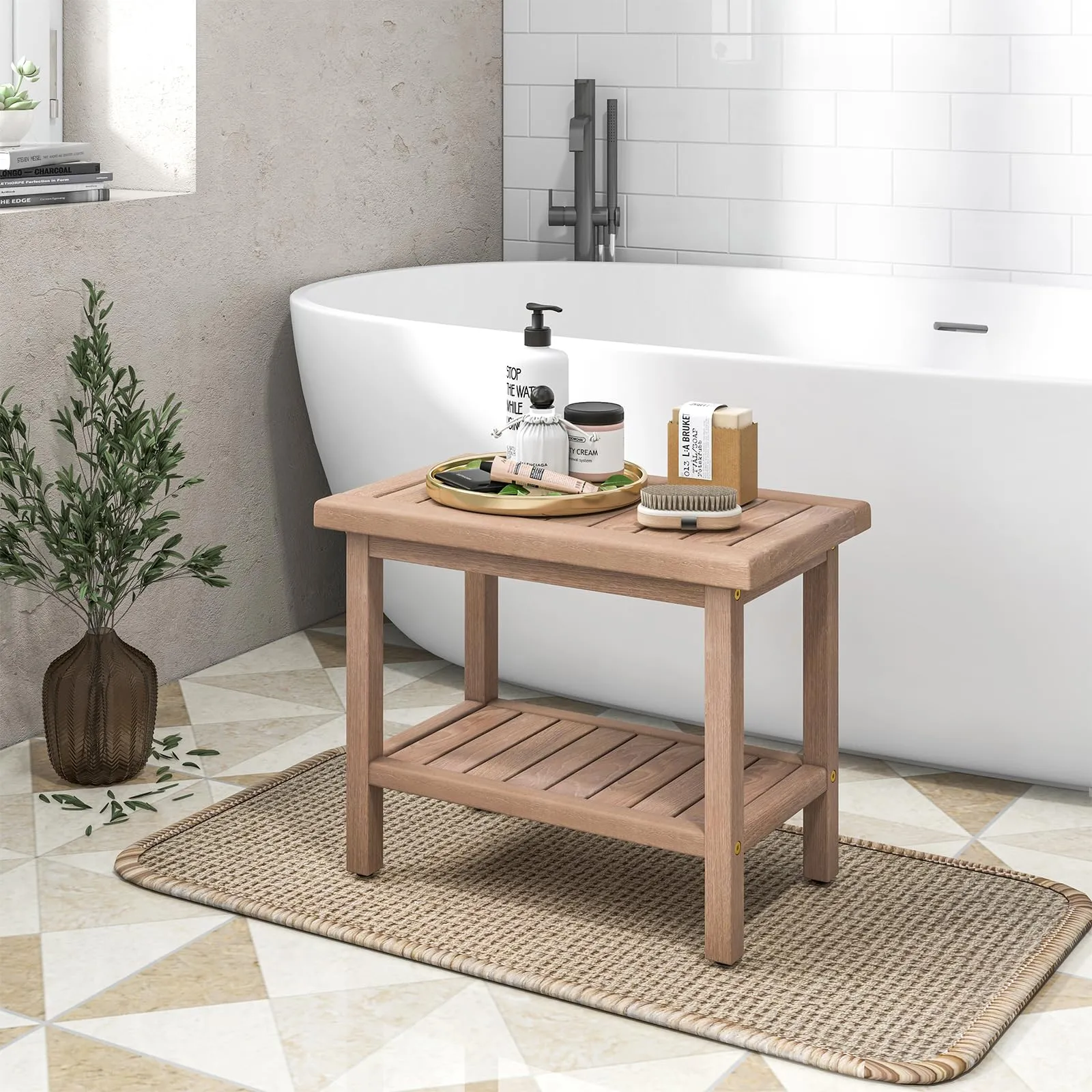 Giantex Teak Shower Bench, 21" Waterproof Spa Bath Seat with Storage Shelf and Non-Slip Foot Pads