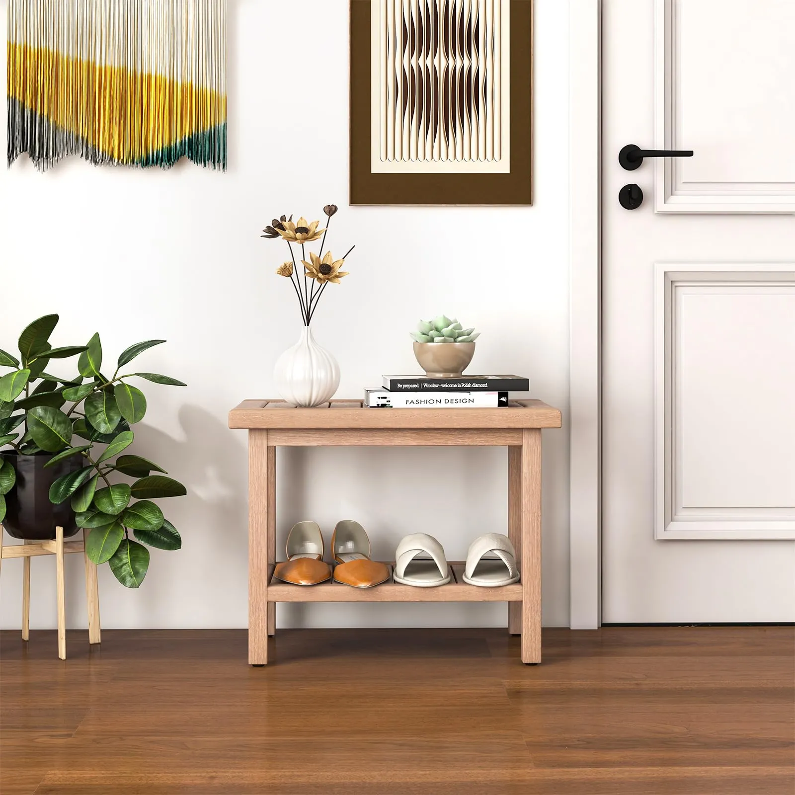 Giantex Teak Shower Bench, 21" Waterproof Spa Bath Seat with Storage Shelf and Non-Slip Foot Pads