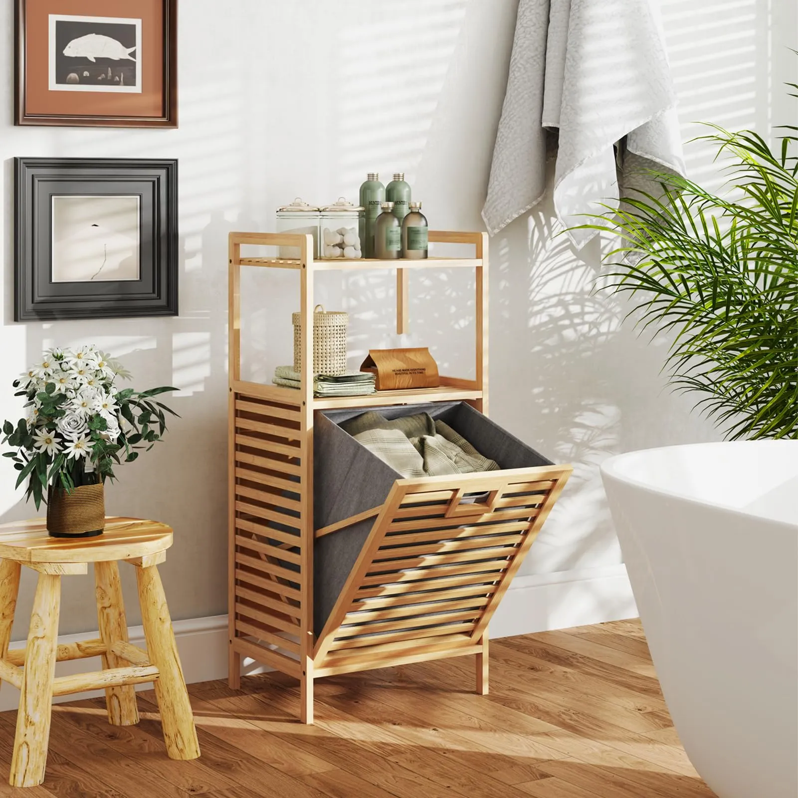 Giantex Tilt Out Laundry Hamper Bamboo Laundry Storage Cabinet with 2-Tier Storage Shelves