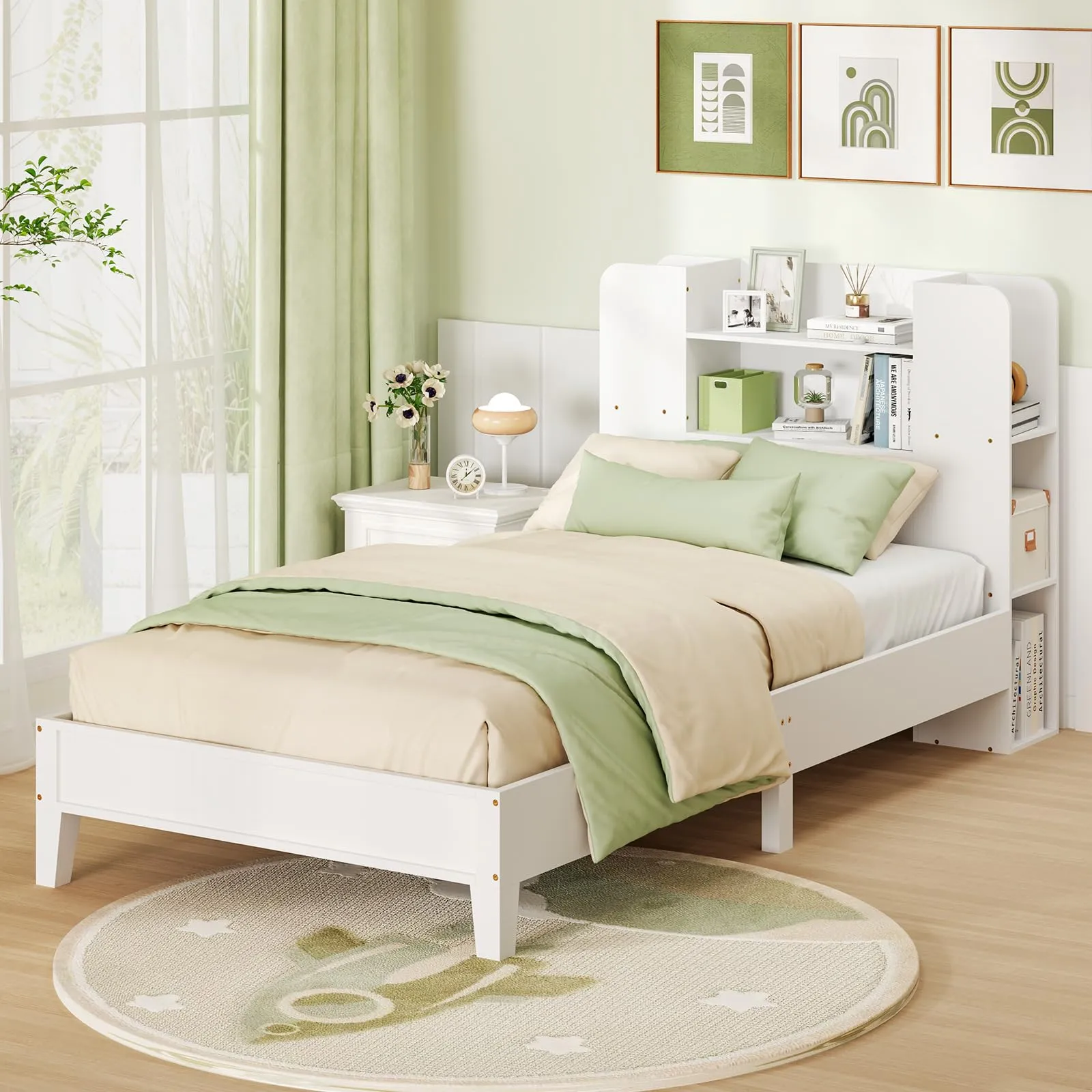 Giantex Twin Bed Frames for Kids, Wooden Twin Size Bed with Storage Bookcase Headboard bed frame, queen bed