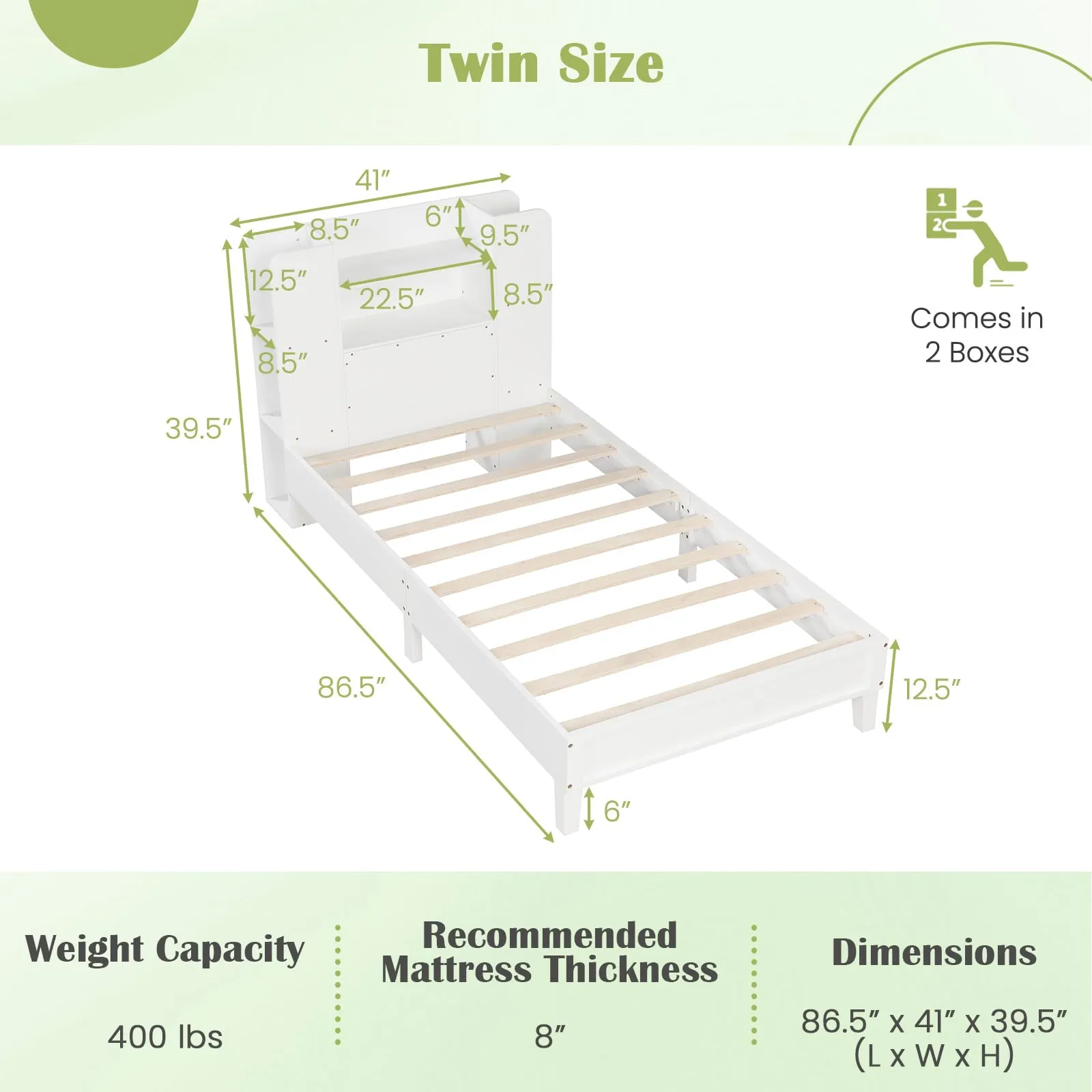 Giantex Twin Bed Frames for Kids, Wooden Twin Size Bed with Storage Bookcase Headboard