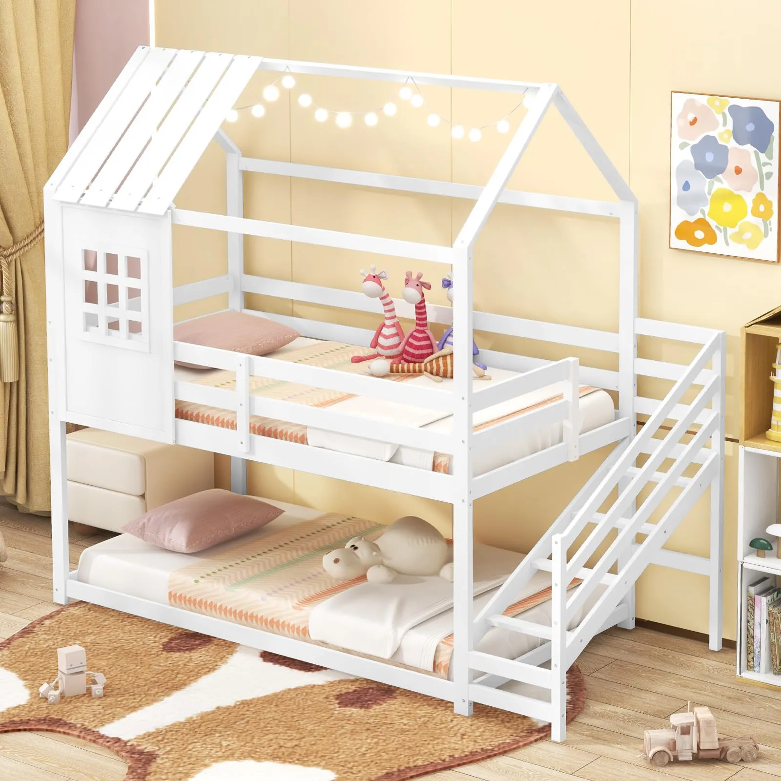 Giantex Twin Bunk Beds with Stairs, Floor House Bed with Roof & Window