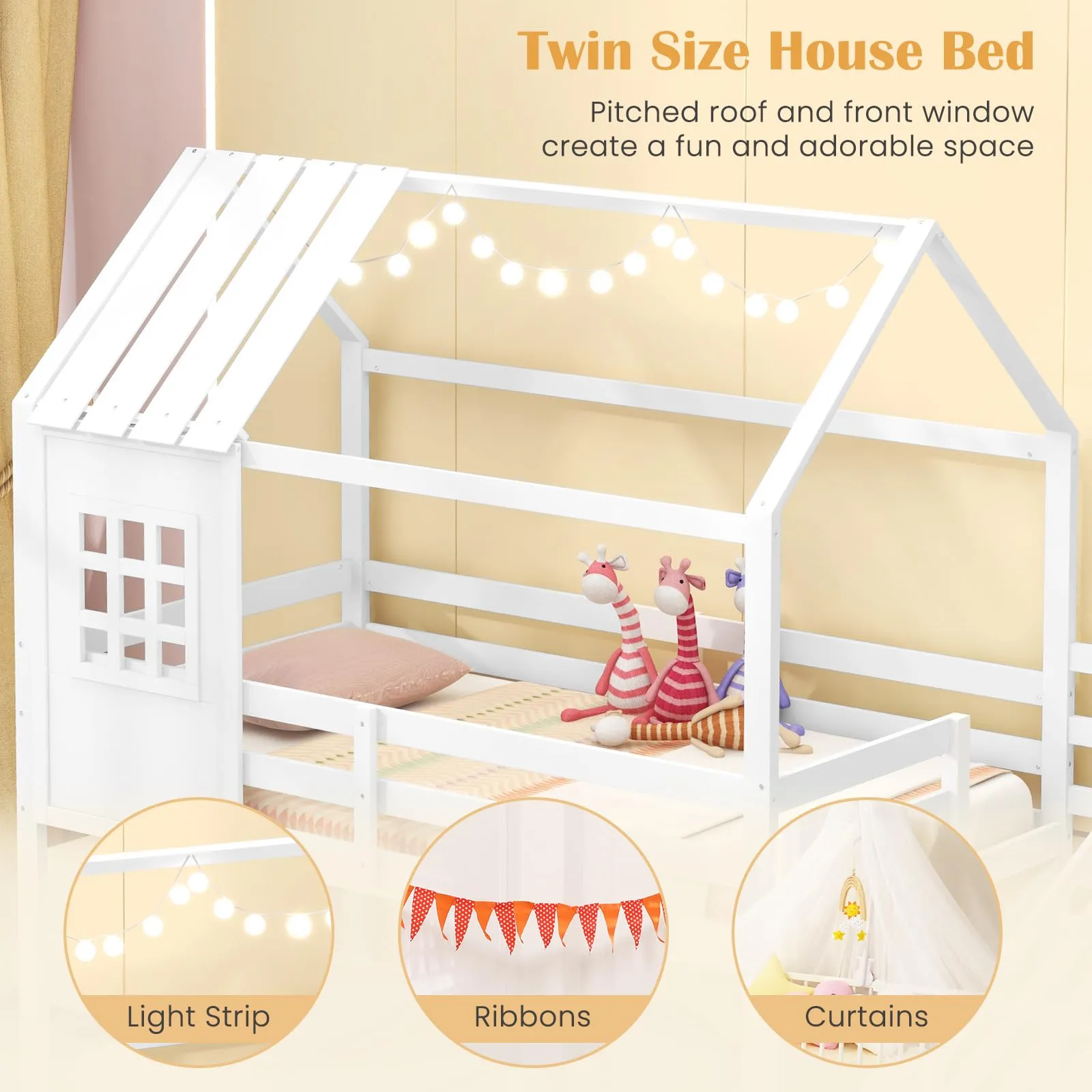 Giantex Twin Bunk Beds with Stairs, Floor House Bed with Roof & Window