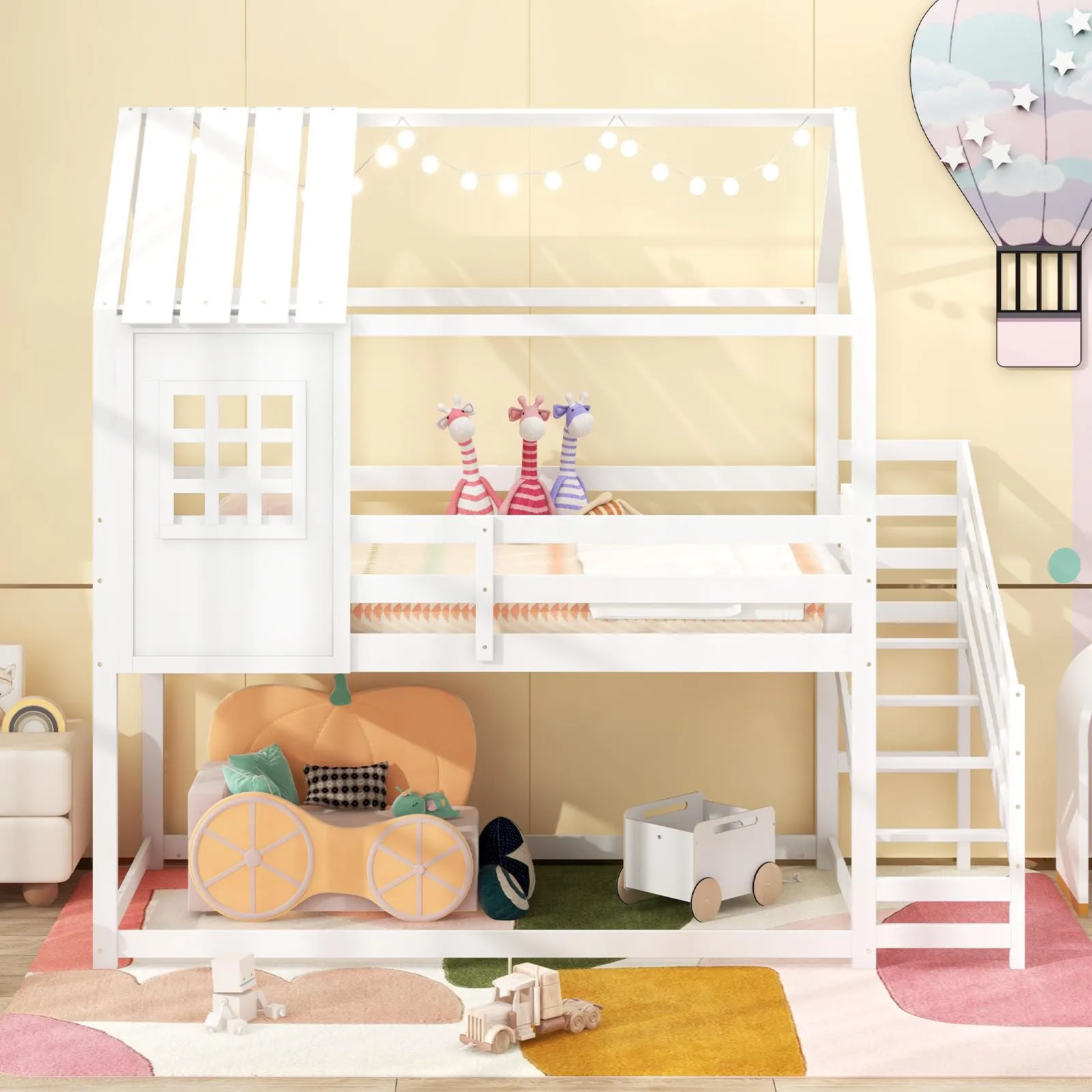 Giantex Twin Bunk Beds with Stairs, Floor House Bed with Roof & Window
