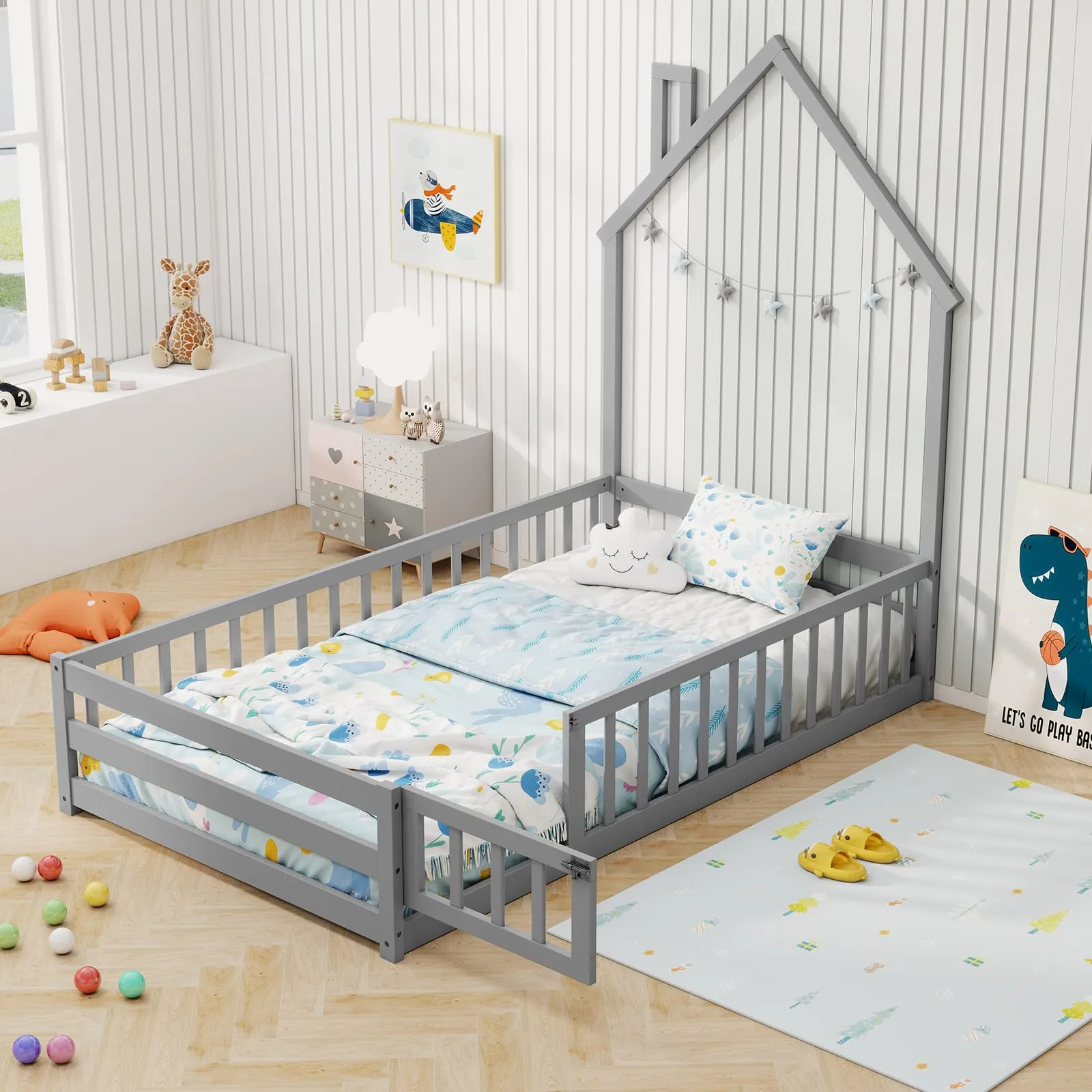 Giantex Twin Floor Bed, House-Shaped Montessori Bed Frame with Headboard, Full-Length Guardrail bed frame, queen bed