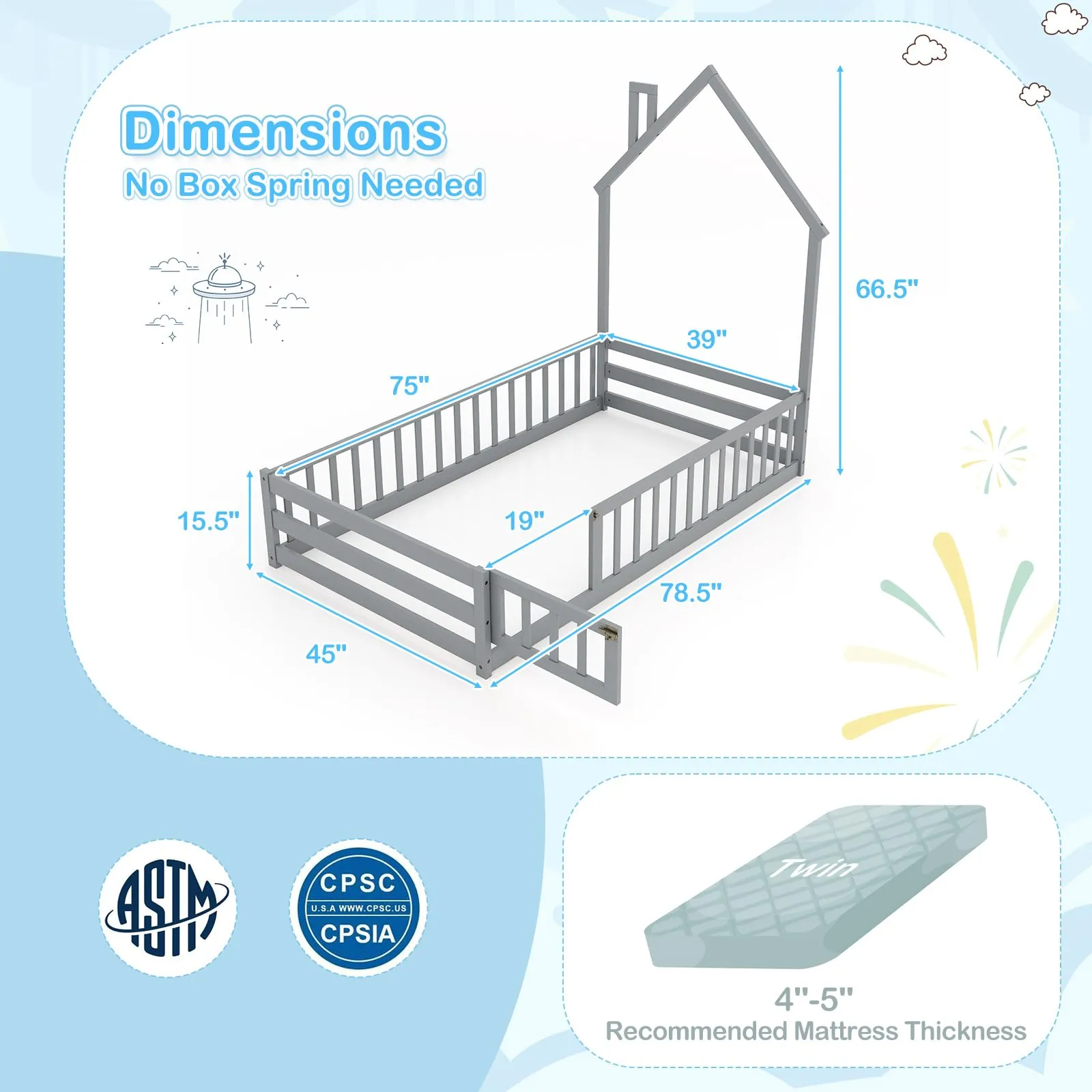 Giantex Twin Floor Bed, House-Shaped Montessori Bed Frame with Headboard, Full-Length Guardrail