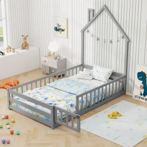 Giantex Twin Floor Bed, House-Shaped Montessori Bed Frame with Headboard, Full-Length Guardrail bed frame, queen bed