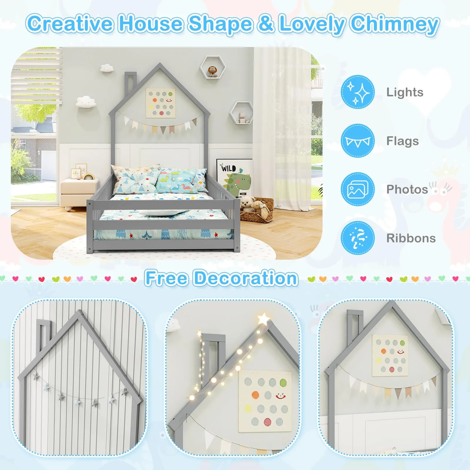 Giantex Twin Floor Bed, House-Shaped Montessori Bed Frame with Headboard, Full-Length Guardrail