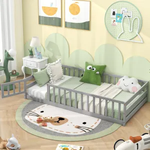Giantex Twin Floor Bed with Door & Fence, Kids Wood Montessori Bed with Safety Guardrails bed frame, queen bed