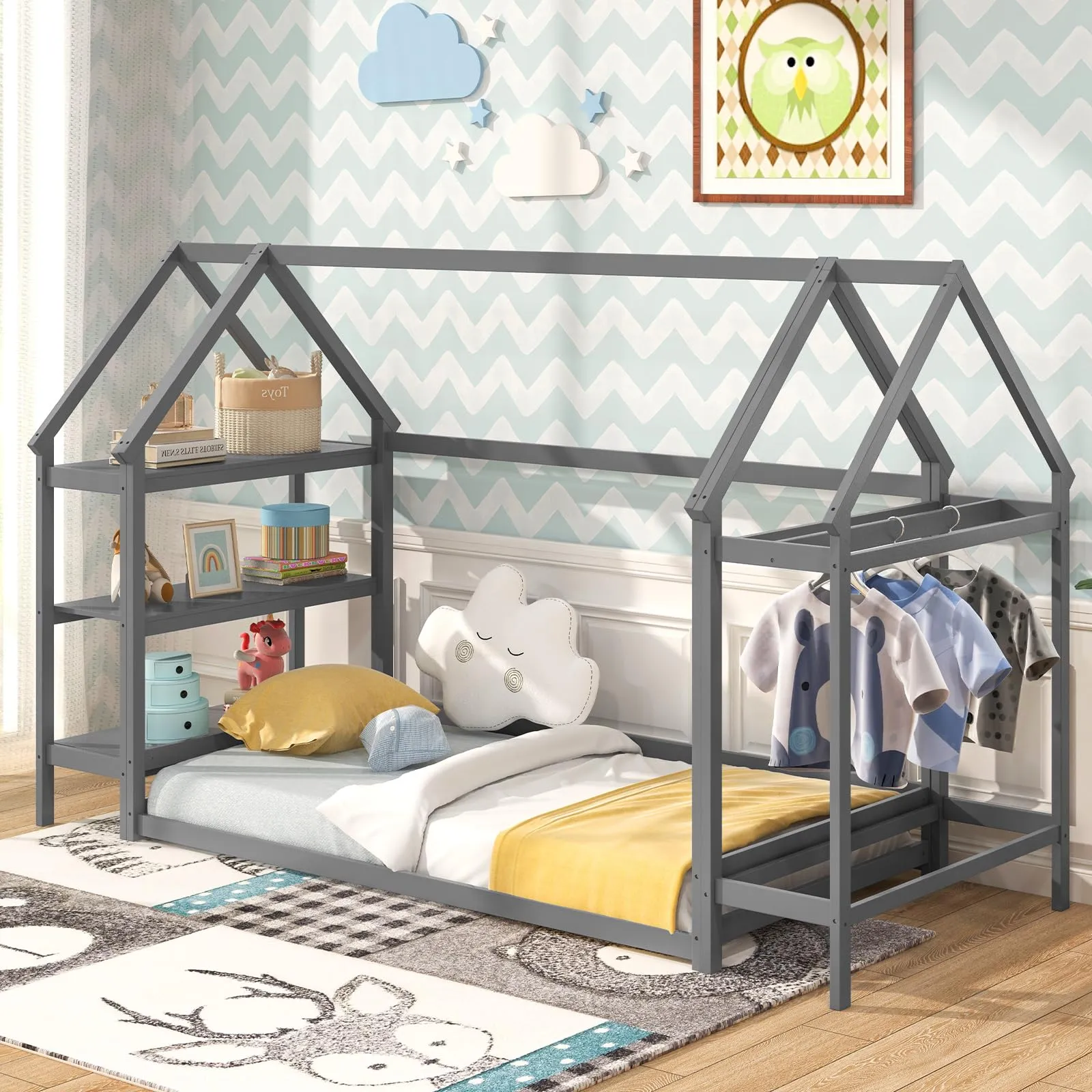 Giantex Twin Floor Bed, Wood Montessori Floor Bed with Detachable 3 Tier Storage Bookshelf & Clothes Rack bed frame, queen bed
