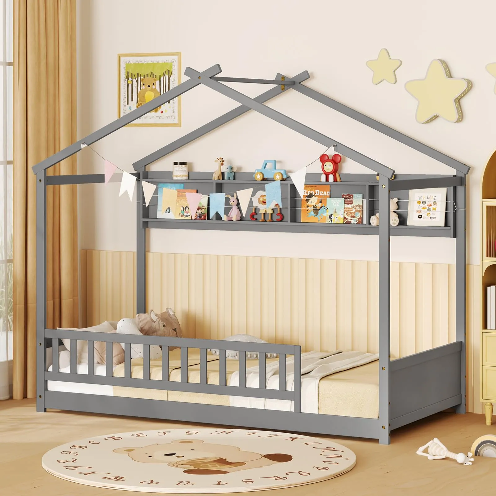 Giantex Twin Floor House Bed with Storage Shelf, Wood Twin Bed Frames with Headboard & Guardrail