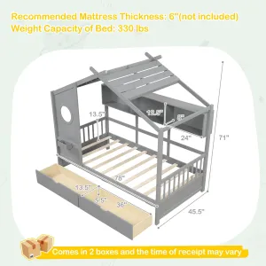 Giantex Twin House Bed with 2 Storage Drawers, Kids Bed Frame with Storage Cubes, Montessori Bed with Fence Guardrails & Roof bed frame, queen bed