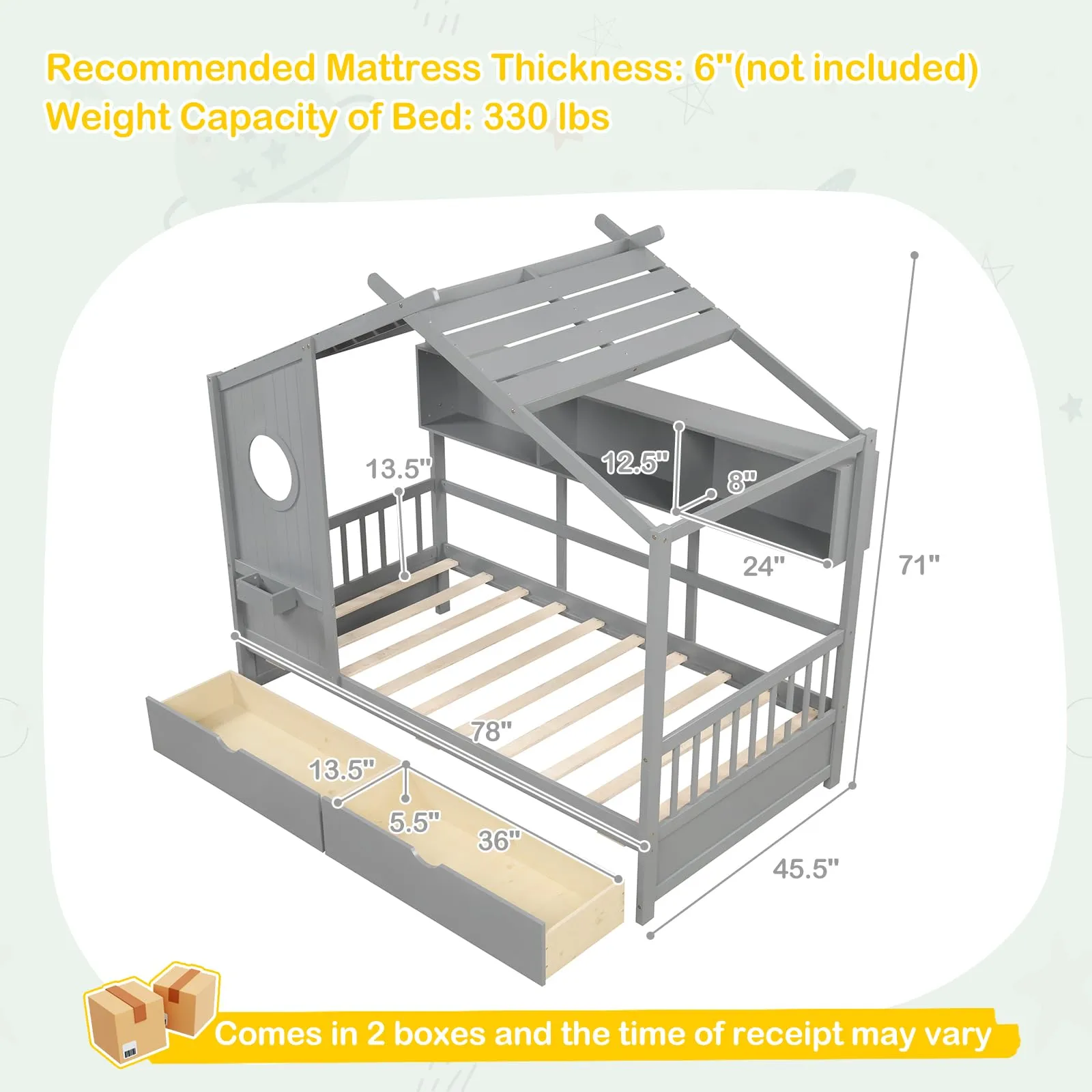 Giantex Twin House Bed with 2 Storage Drawers, Kids Bed Frame with Storage Cubes, Montessori Bed with Fence Guardrails & Roof bed frame, queen bed