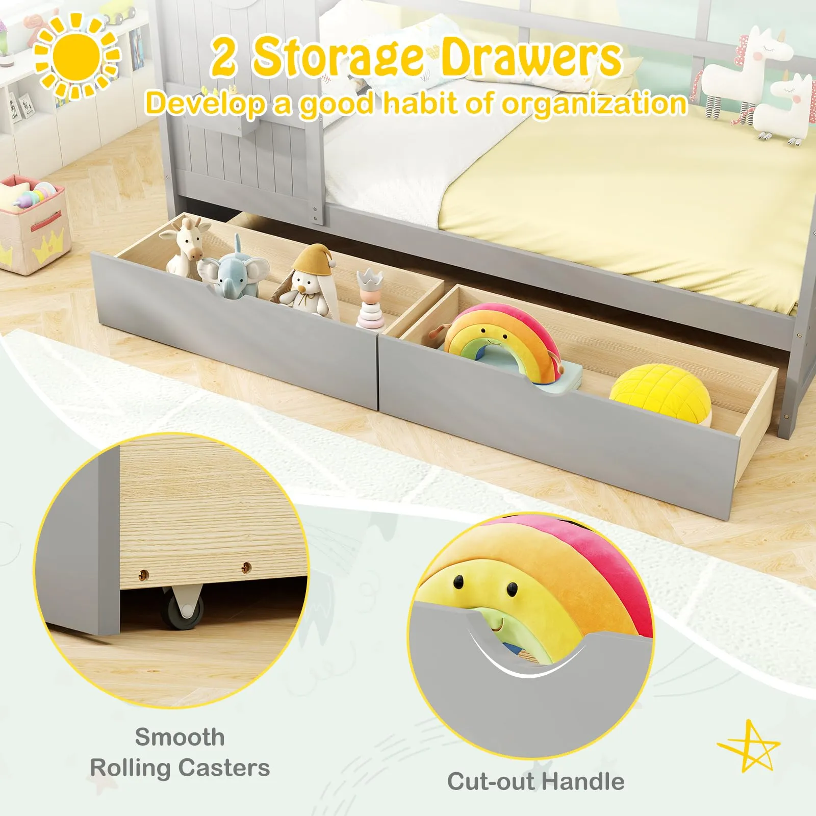 Giantex Twin House Bed with 2 Storage Drawers, Kids Bed Frame with Storage Cubes, Montessori Bed with Fence Guardrails & Roof