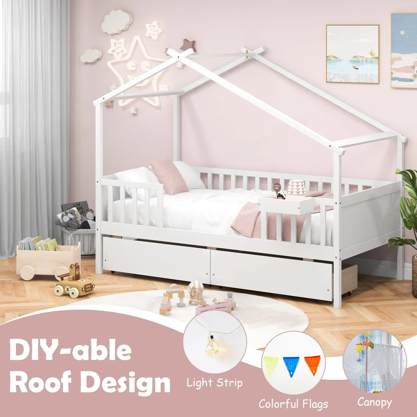 Giantex Twin House Bed with Drawers, Wooden Twin Bed Frame with Cube Storage & Fence Rails