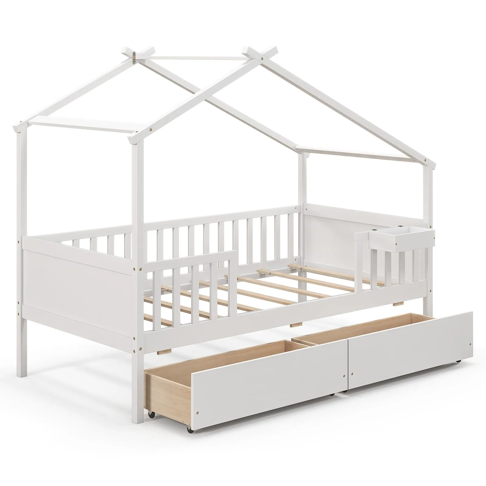Giantex Twin House Bed with Drawers, Wooden Twin Bed Frame with Cube Storage & Fence Rails