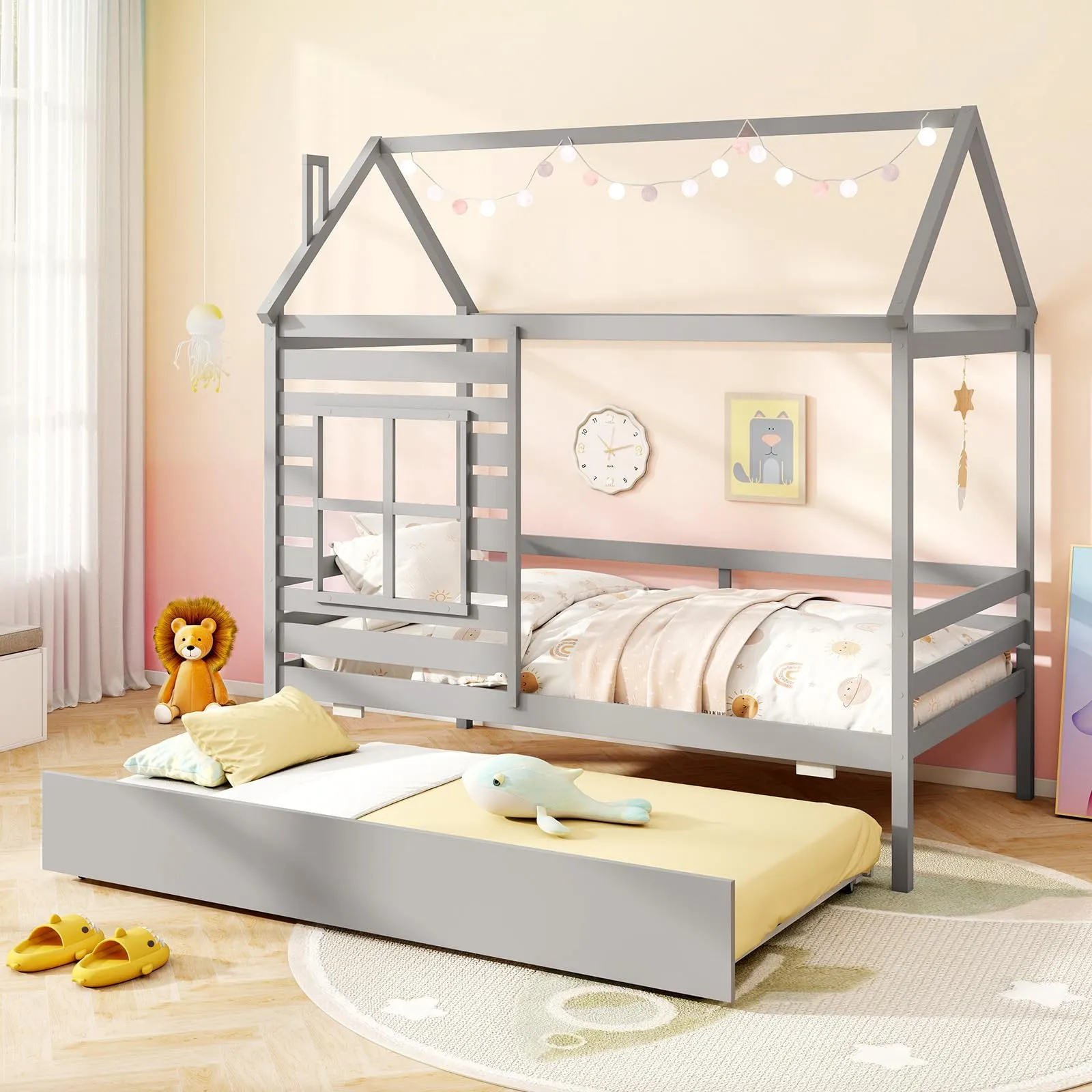 Giantex Twin House Bed with Trundle Bed Twin, Wooden Twin Bed Frames with Roof, Chimney & Window