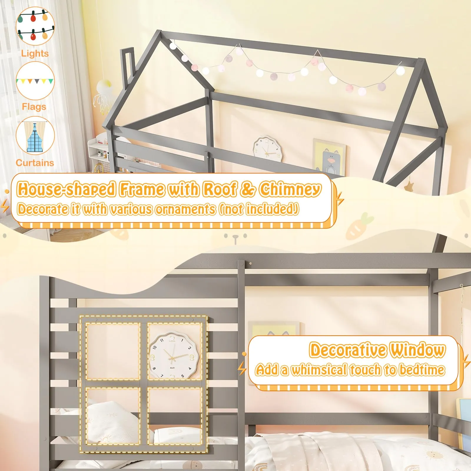 Giantex Twin House Bed with Trundle Bed Twin, Wooden Twin Bed Frames with Roof, Chimney & Window