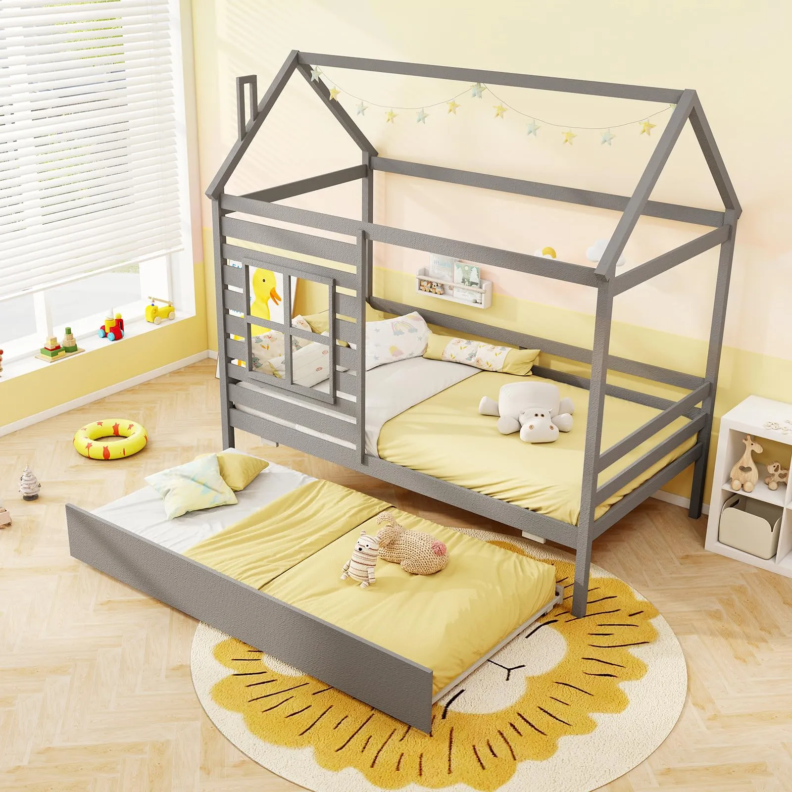 Giantex Twin House Bed with Trundle Bed Twin, Wooden Twin Bed Frames with Roof, Chimney & Window