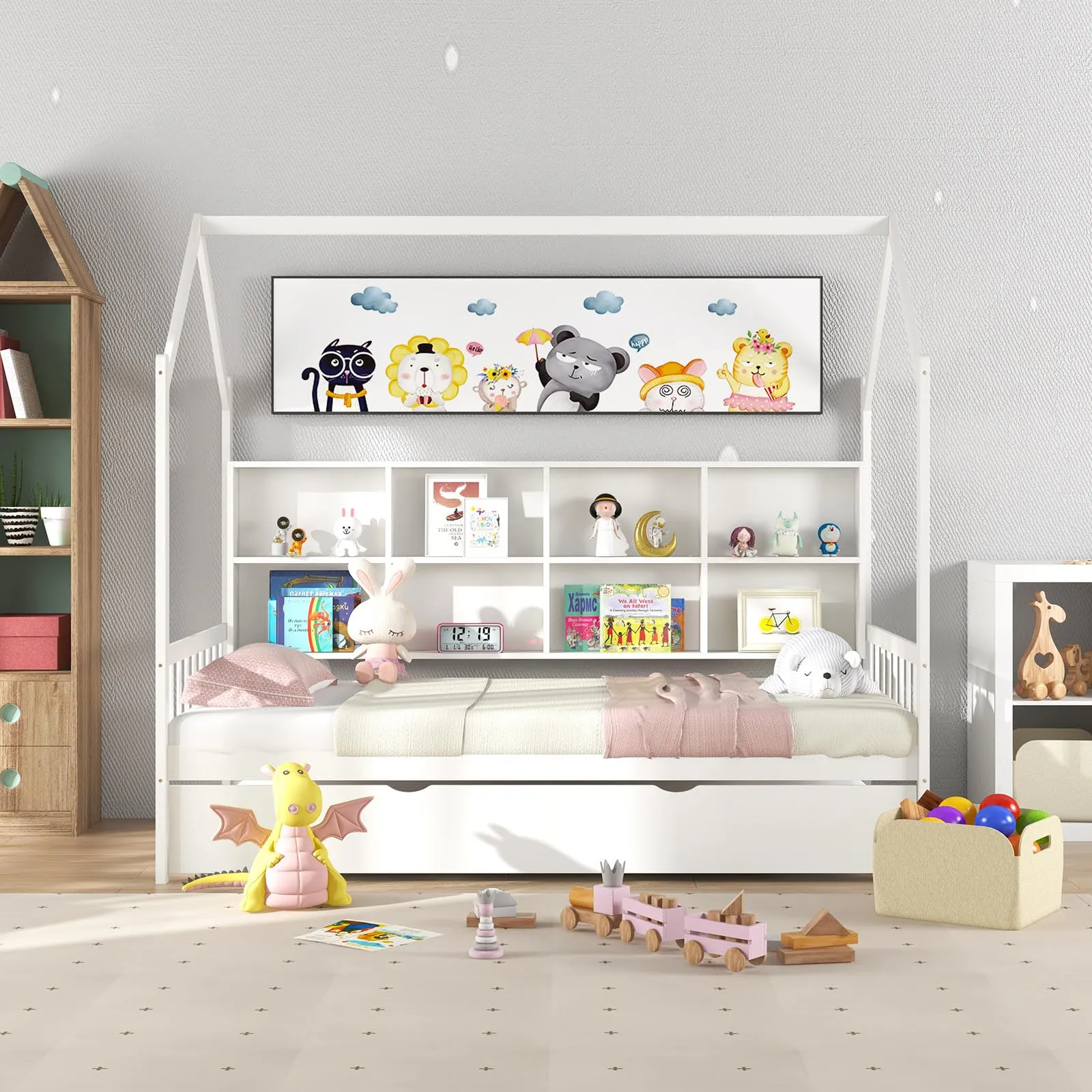 Giantex Twin House Bed with Trundle, Solid Wood Bed Frame with Roof & 8 Cube Bookcase