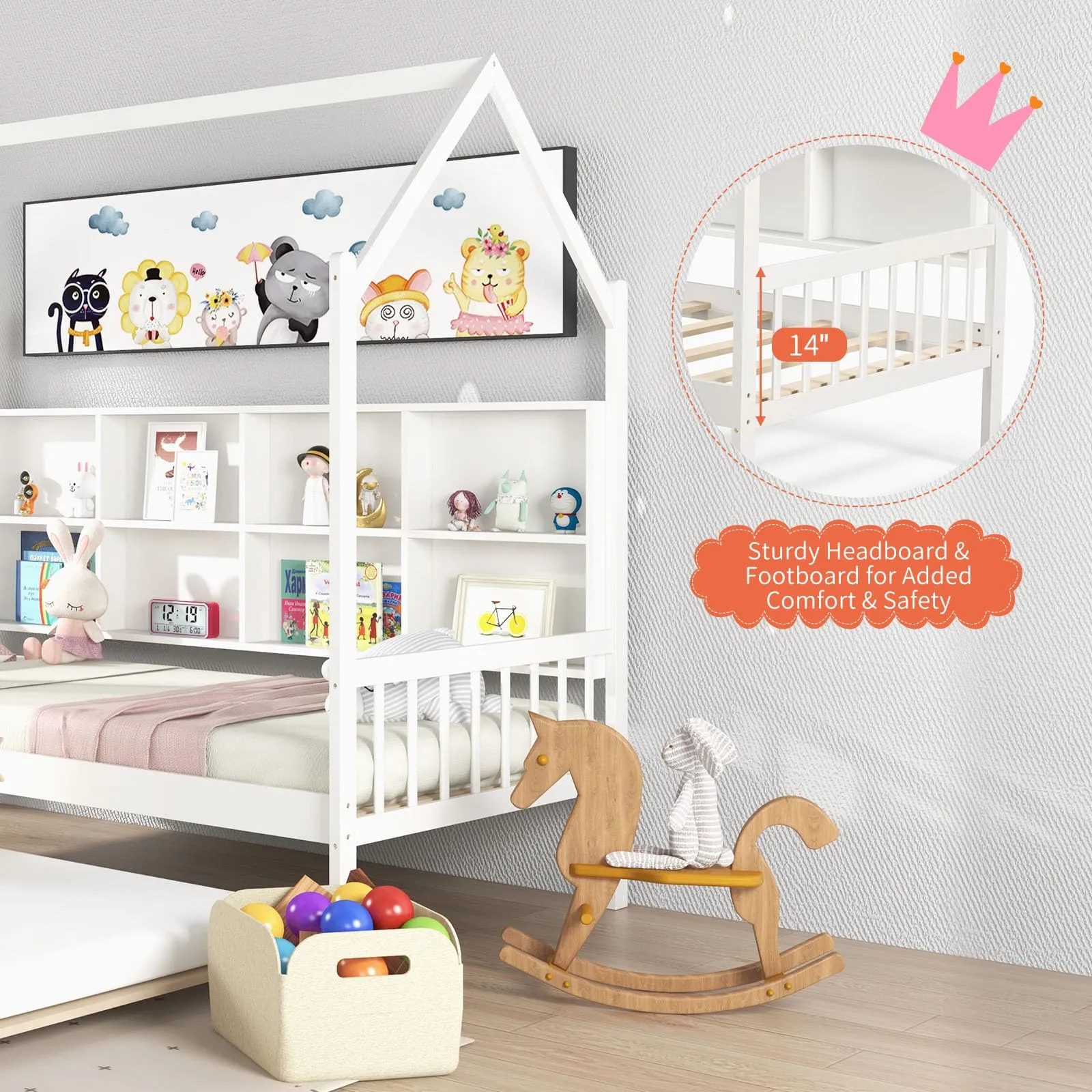 Giantex Twin House Bed with Trundle, Solid Wood Bed Frame with Roof & 8 Cube Bookcase