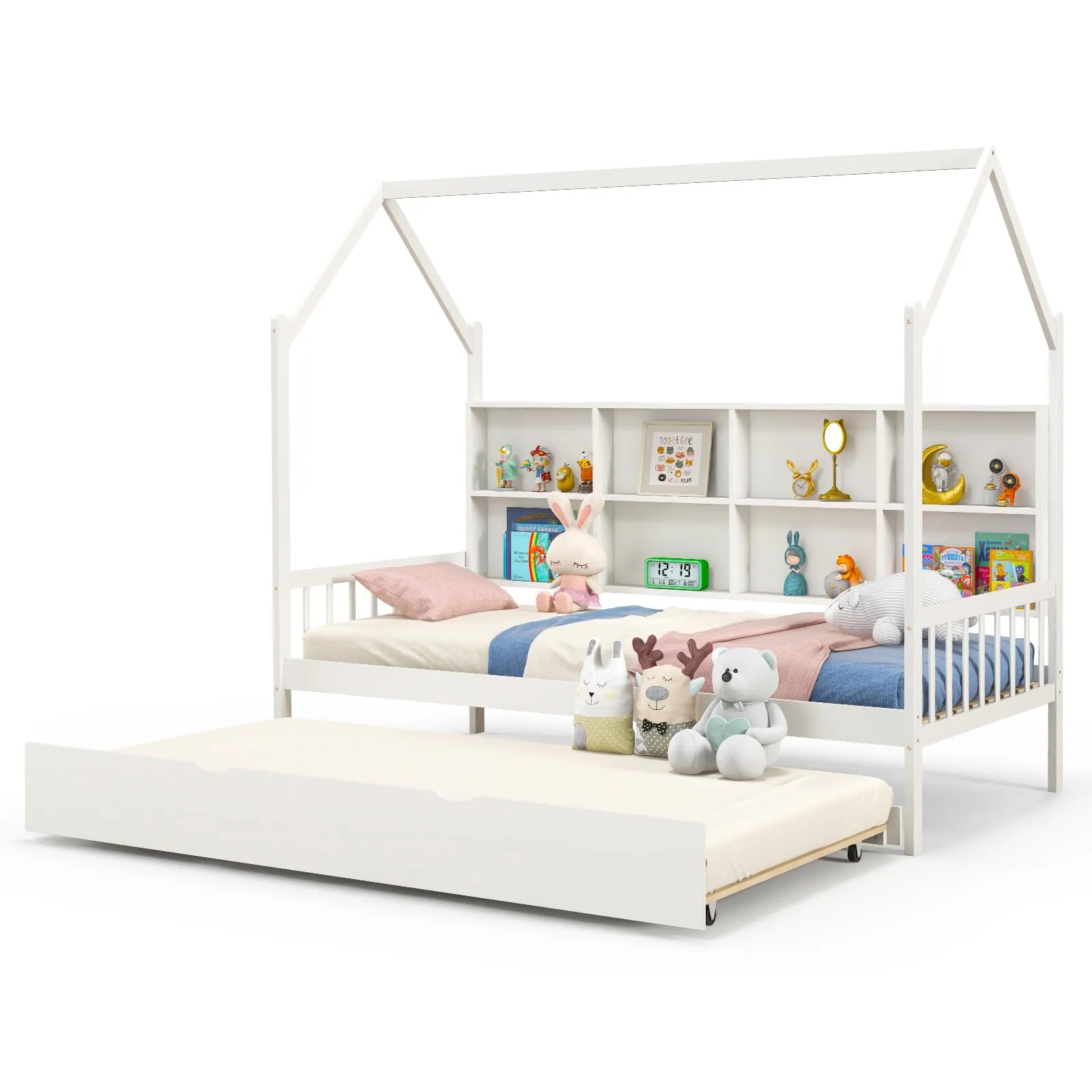 Giantex Twin House Bed with Trundle, Solid Wood Bed Frame with Roof & 8 Cube Bookcase bed frame, queen bed