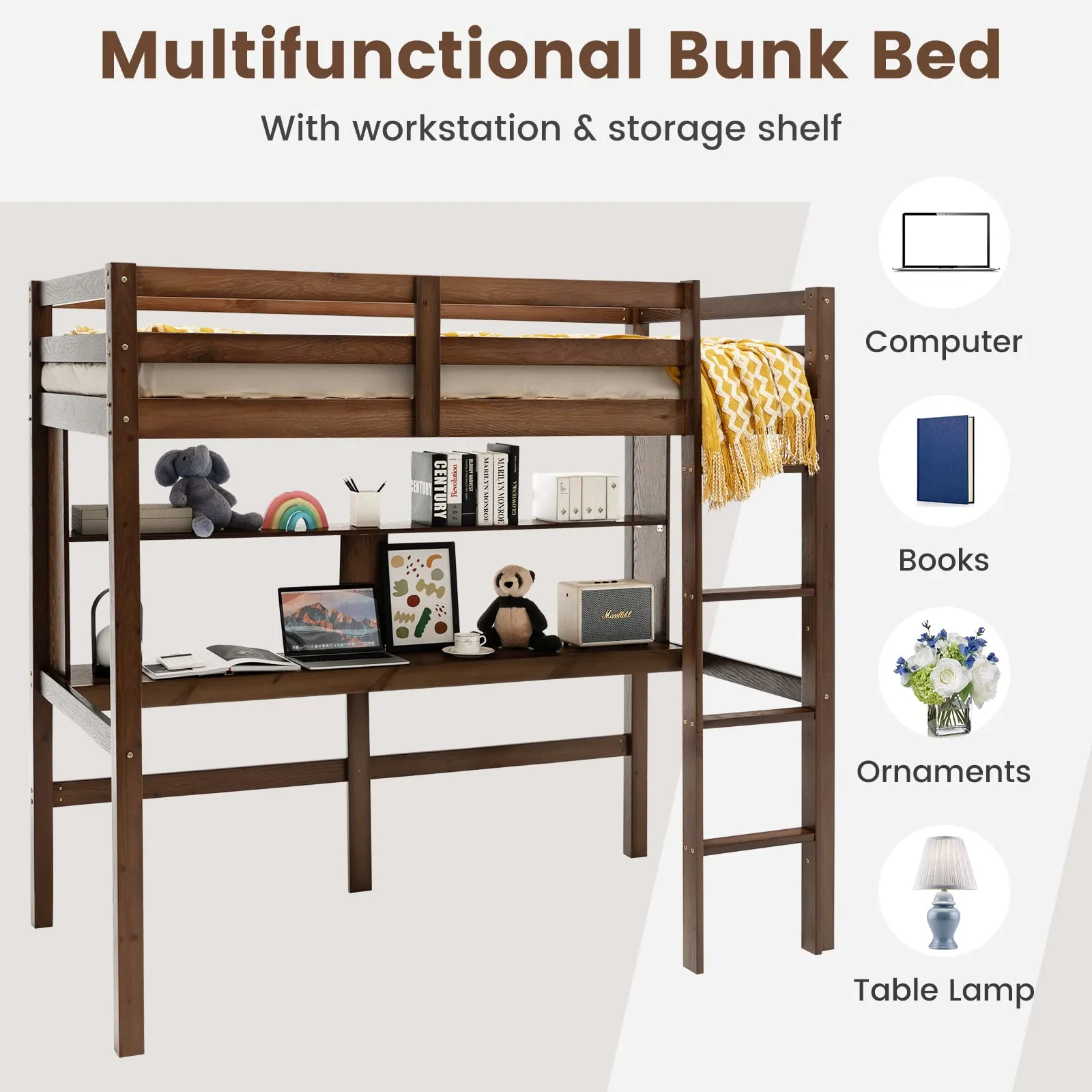 Giantex Twin Loft Bed with Desk and Bookshelf, Wooden Bed Frame with Safety Guardrail & Ladder