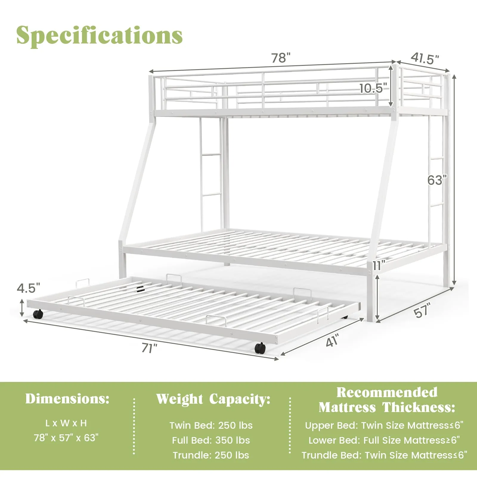 Giantex Twin Over Full Bunk Bed with Trundle, Heavy-Duty Metal Triple Bunk Beds