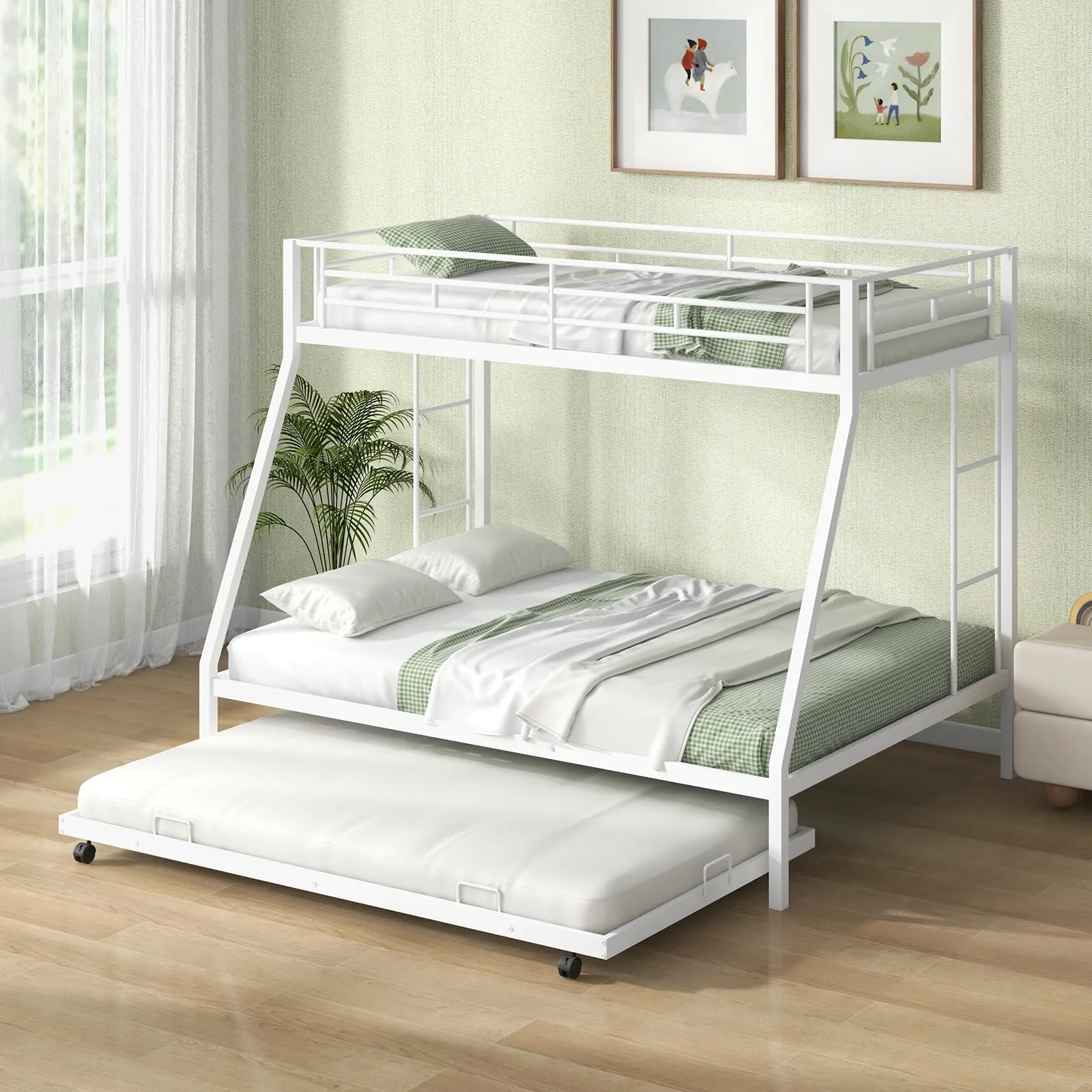 Giantex Twin Over Full Bunk Bed with Trundle, Heavy-Duty Metal Triple Bunk Beds bed frame, queen bed