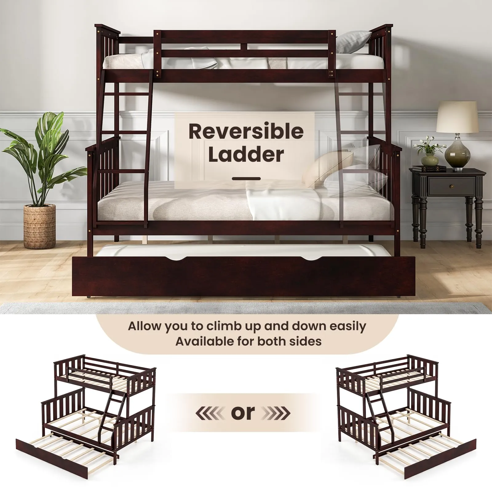 Giantex Twin Over Full Bunk Bed with Trundle, Reversible Ladder & Safety Guardrails