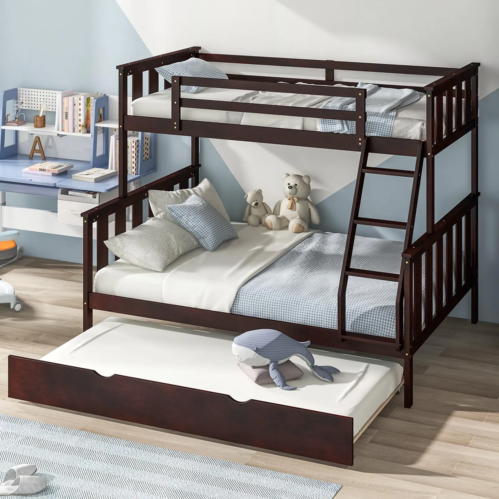 Giantex Twin Over Full Bunk Bed with Trundle, Reversible Ladder & Safety Guardrails