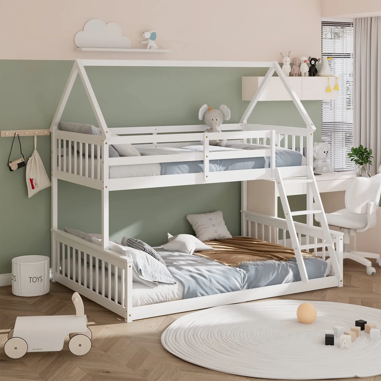Giantex Twin Over Full House Bunk Bed, Floor Low Bunk Bed Frame w/Integrated Ladder & Safety Guardrails