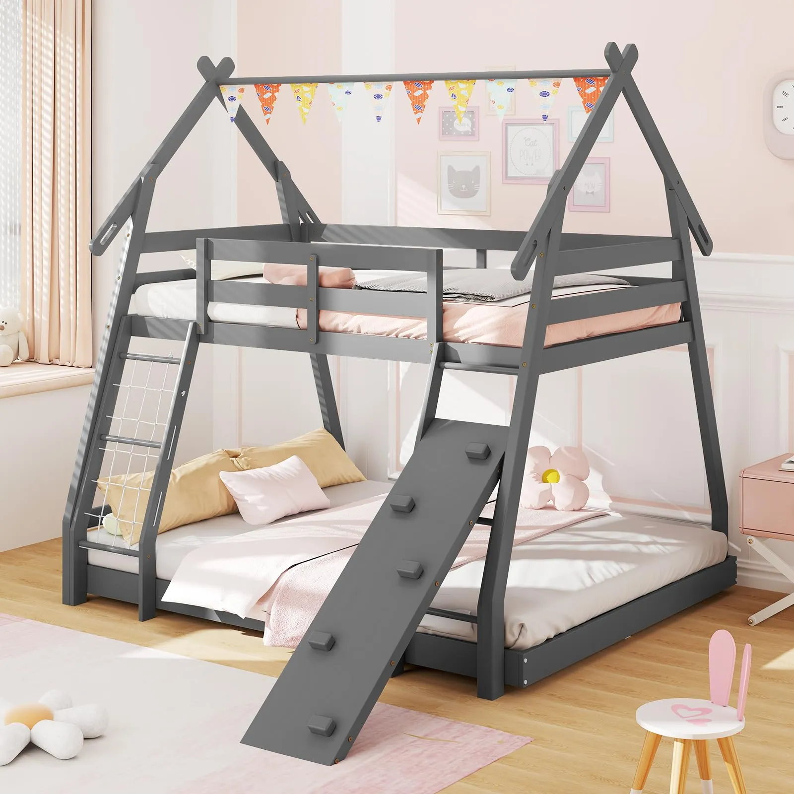 Giantex Twin Over Queen Bunk Bed, Wood House Bunk Bed for Kids with Climbing Nets and Ramp