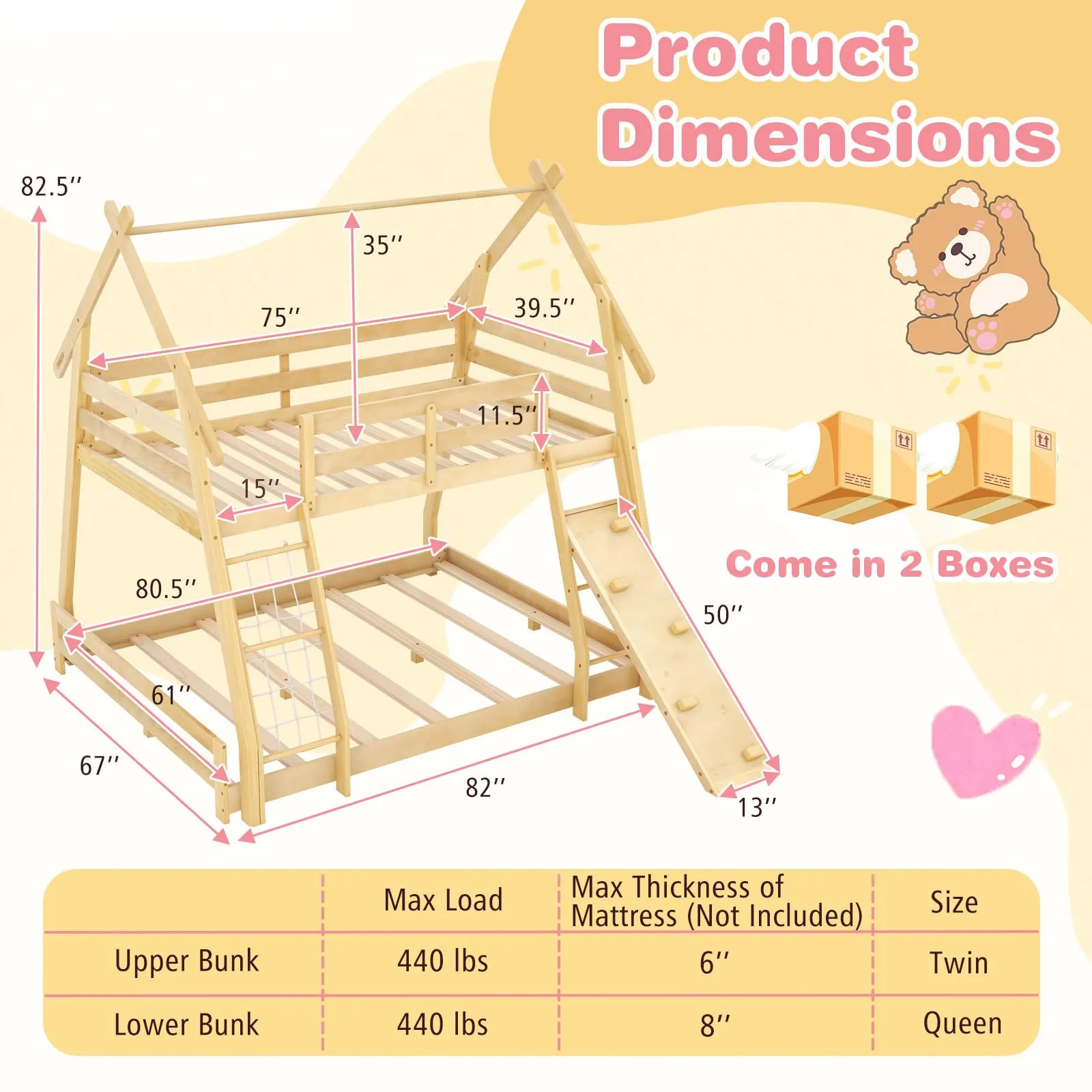 Giantex Twin Over Queen Bunk Bed, Wood House Bunk Bed for Kids with Climbing Nets and Ramp