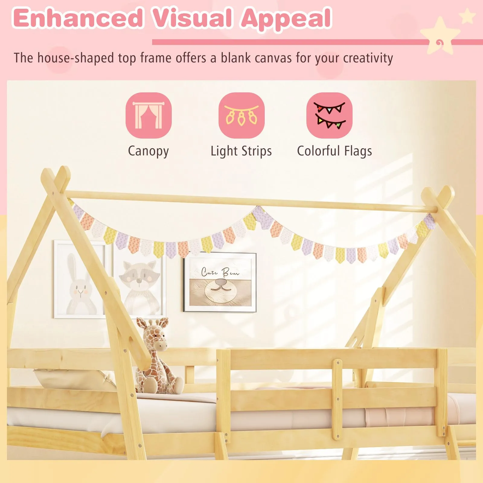 Giantex Twin Over Queen Bunk Bed, Wood House Bunk Bed for Kids with Climbing Nets and Ramp