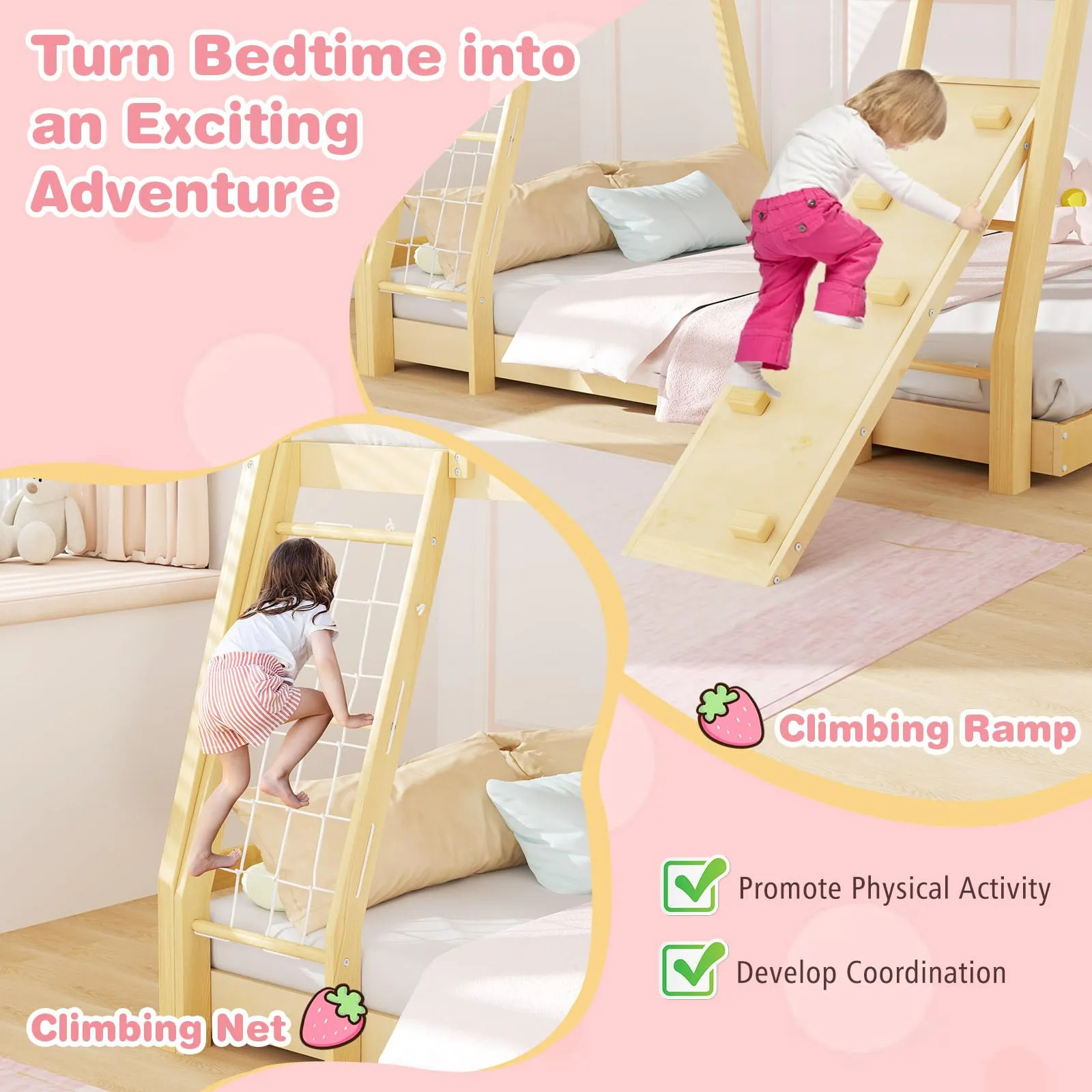 Giantex Twin Over Queen Bunk Bed, Wood House Bunk Bed for Kids with Climbing Nets and Ramp