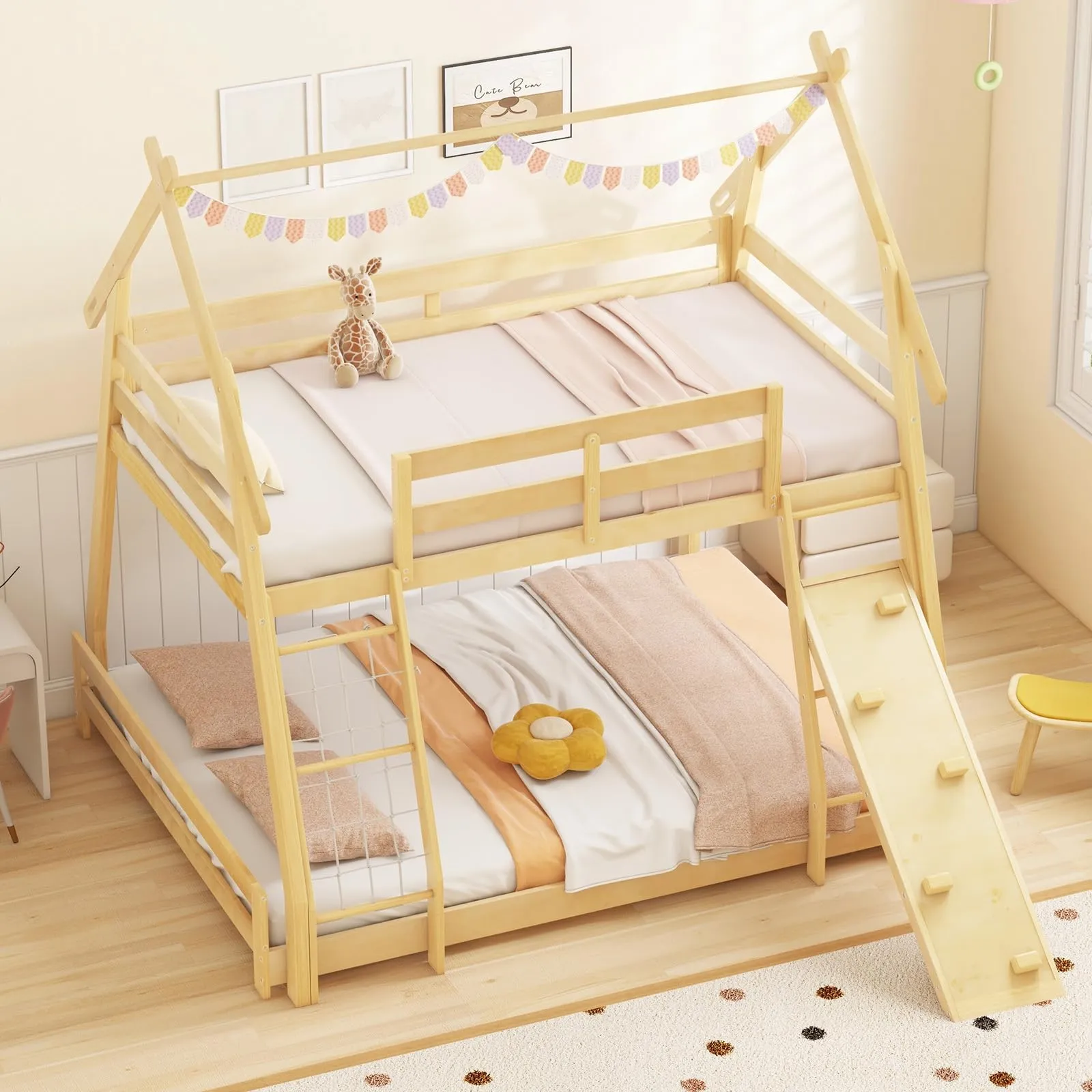 Giantex Twin Over Queen Bunk Bed, Wood House Bunk Bed for Kids with Climbing Nets and Ramp bed frame, queen bed