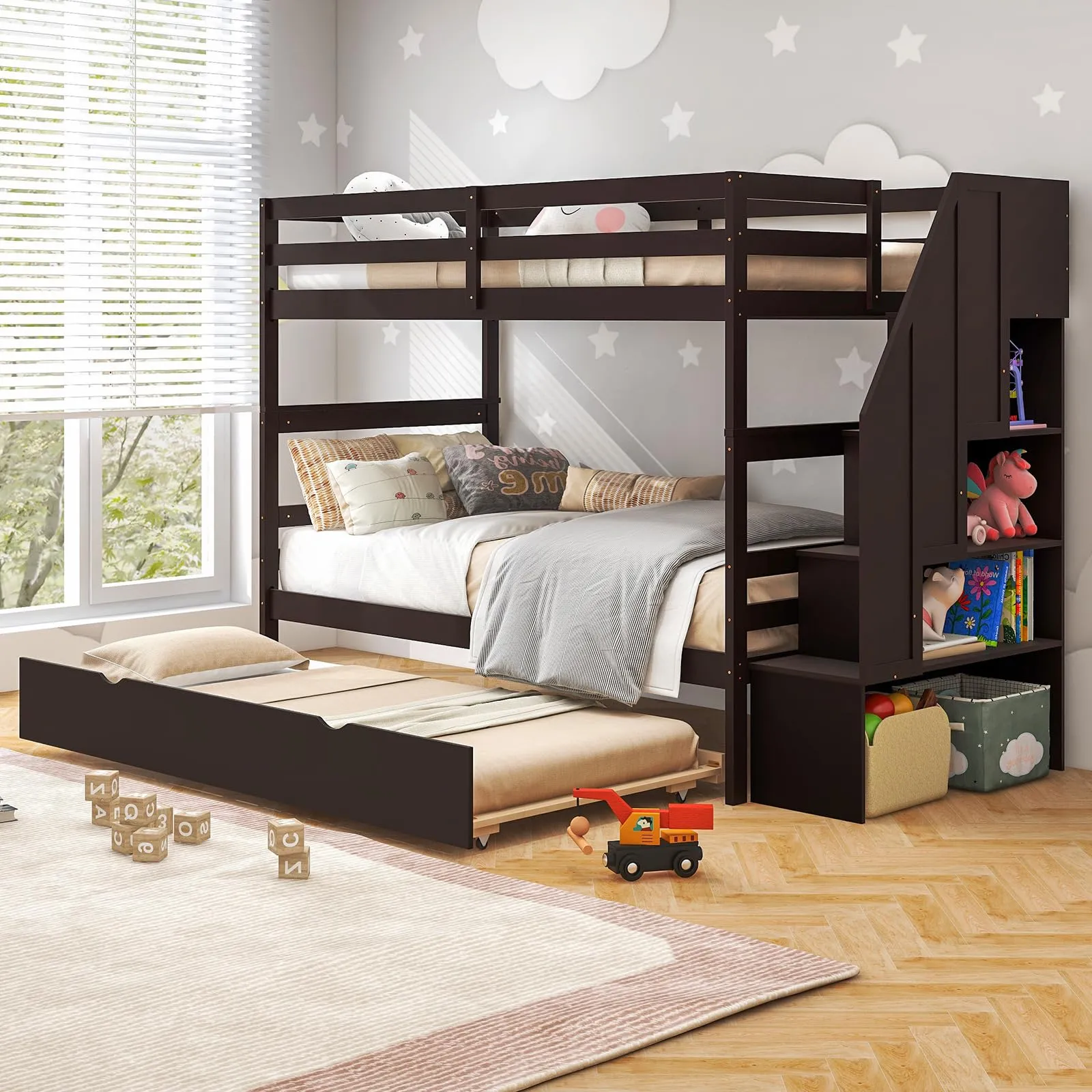 Giantex Twin Over Twin Bunk Bed with Trundle and Storage Stairs, Solid Wood Bunk Bed Convertible 3 Bed Frames for Bedroom