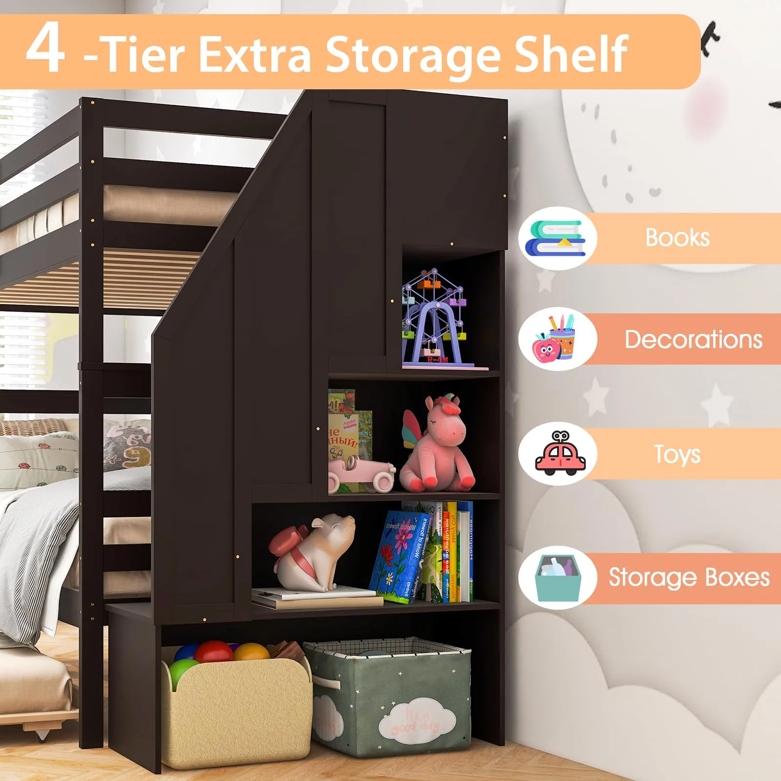 Giantex Twin Over Twin Bunk Bed with Trundle and Storage Stairs, Solid Wood Bunk Bed Convertible 3 Bed Frames for Bedroom
