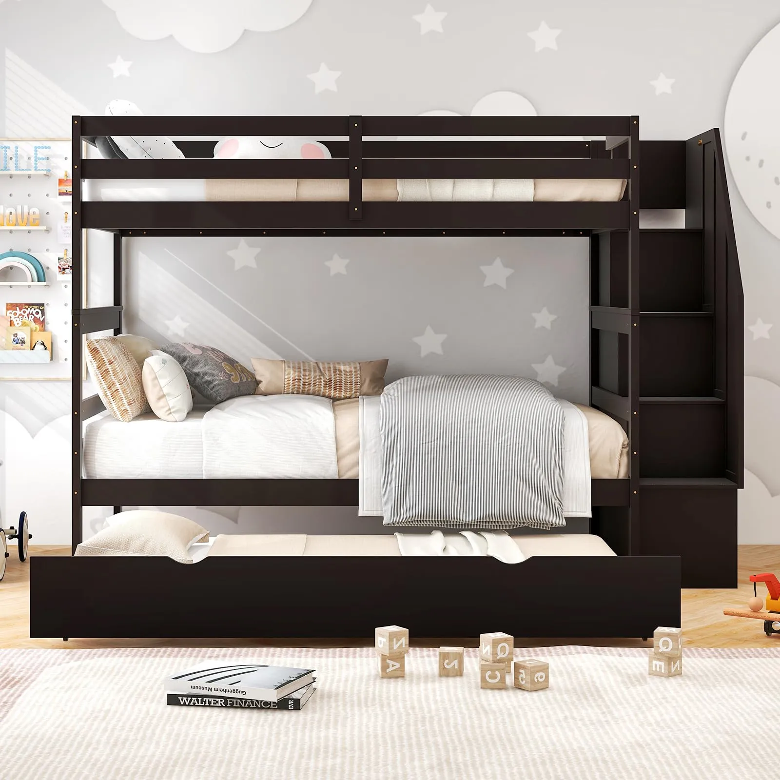 Giantex Twin Over Twin Bunk Bed with Trundle and Storage Stairs, Solid Wood Bunk Bed Convertible 3 Bed Frames for Bedroom