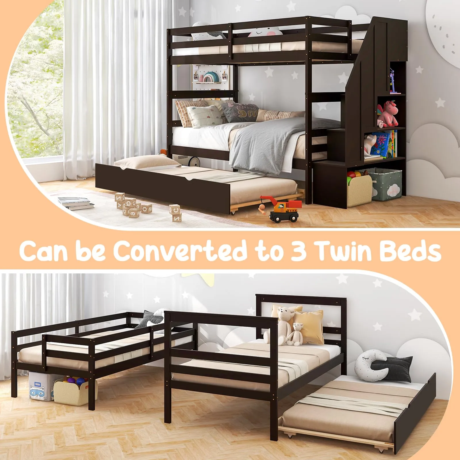 Giantex Twin Over Twin Bunk Bed with Trundle and Storage Stairs, Solid Wood Bunk Bed Convertible 3 Bed Frames for Bedroom